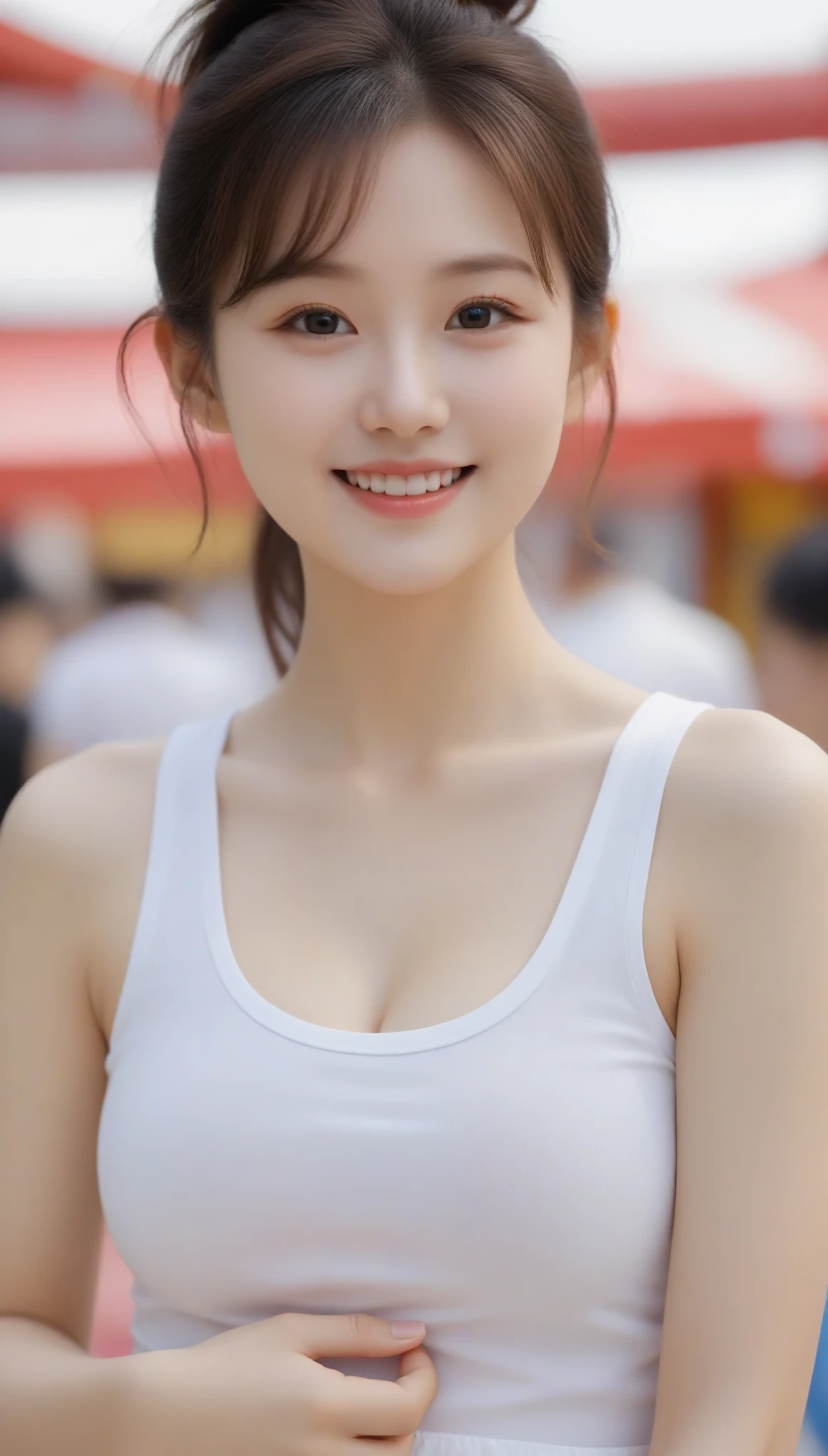 Close-up shot of beautiful korean female, 34 inch breasts size, high ponytail , slightly smile, wearing tank top, holding smile baby, in the fair, UHD