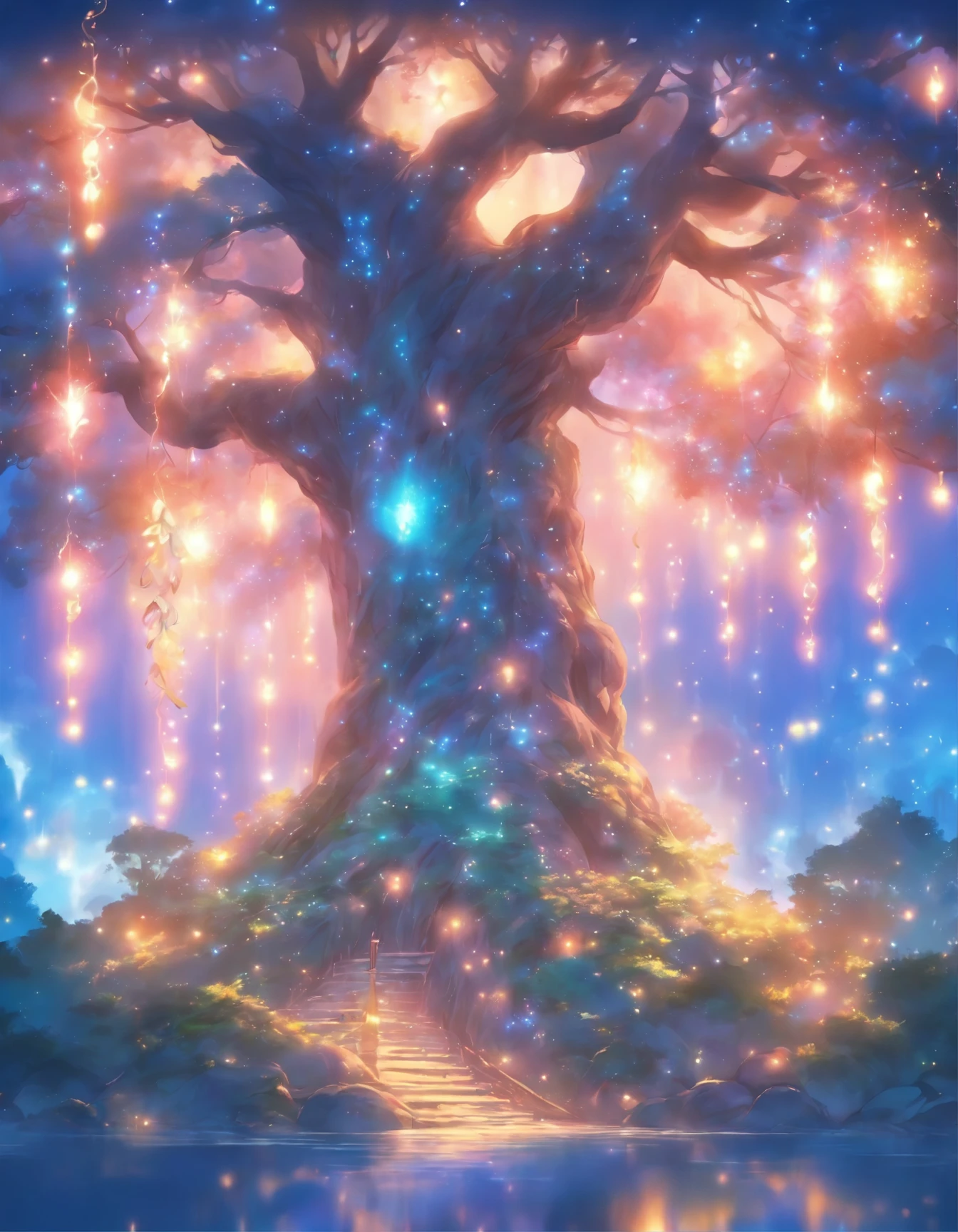 a painting of a tree with lights in the branches, concept art by Yang J, trending on cgsociety, fantasy art, magical tree, fantasy gorgeous lighting, very magical and dreamy, magical atmosphere, . ethereal lights, magical environment, magic tree, enchanted and magic forest, enchanted magical fantasy forest, fantasy tree, magical fantasy forest, very beautiful fantasy art, fairy atmosphere