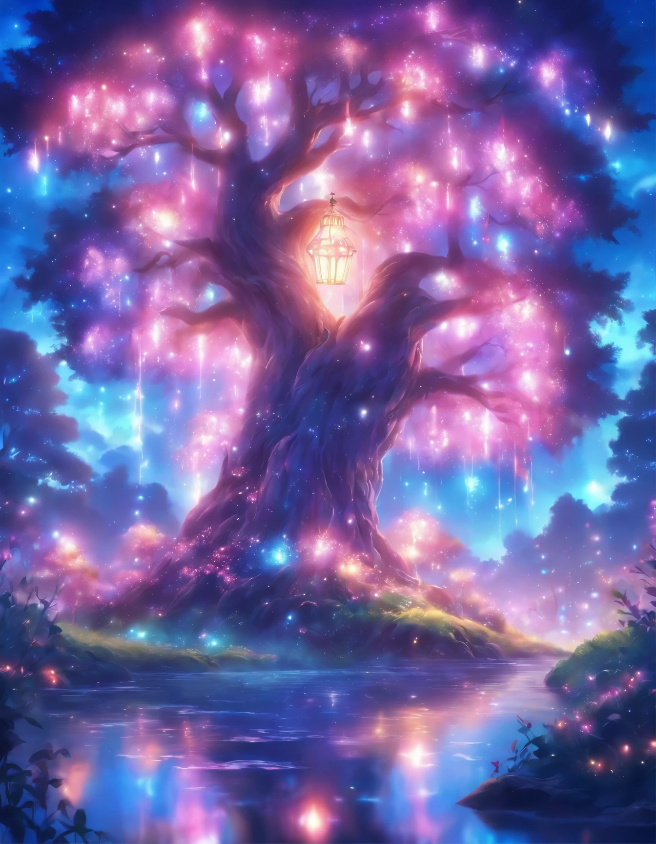a painting of a tree with flowers and butterflies in the sky, 🌺 cgsociety, magical flowers, glowing flowers, night sky full of flowers, very beautiful digital art, beautiful digital artwork, dawn cgsociety, trending on cgsociety art, beautiful digital art, beautiful depiction, beautiful gorgeous digital art, gorgeous digital art, by Yang J, cgsociety saturated colors