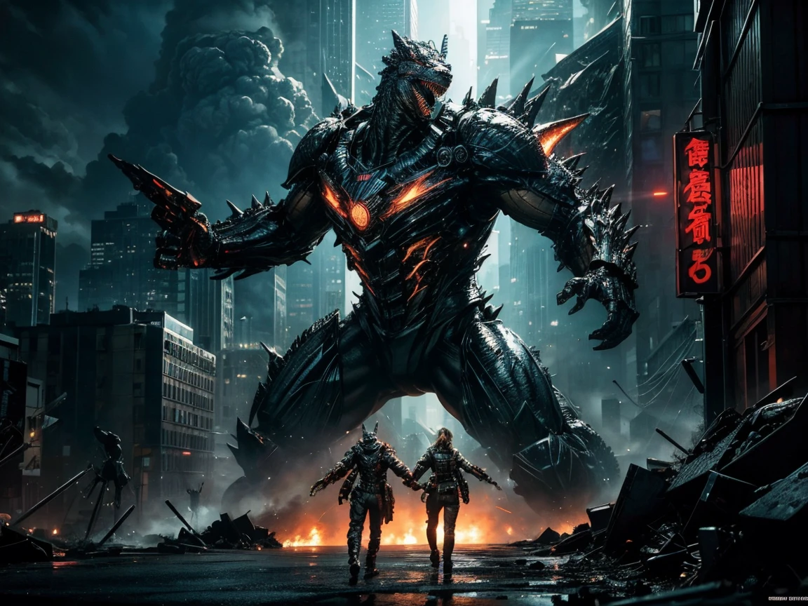 Magazine spread featuring a promotional poster for "Godzilla vs Transformers, " colossal creatures clashing amid skyscrapers, intense dramatic lighting casting sharp shadows and highlights, hyper-detailed texturing mimicking octane rendering, dynamic angles conveying a sense of motion, under a neon ambiance with abstract black oil splashes, mechanical gears integrating into Transformer designs, detailed acrylic texture suggesting a grunge aesthetic, complexity of the scene highlighted ,masterpiece, highest quality, Highest image quality, High resolution, 