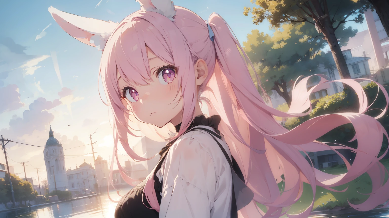 beautiful illustrations, highest quality, pretty girl, pastel colour, fluffy rabbit ears, pink long hair,light pink eyes,Playing by the water