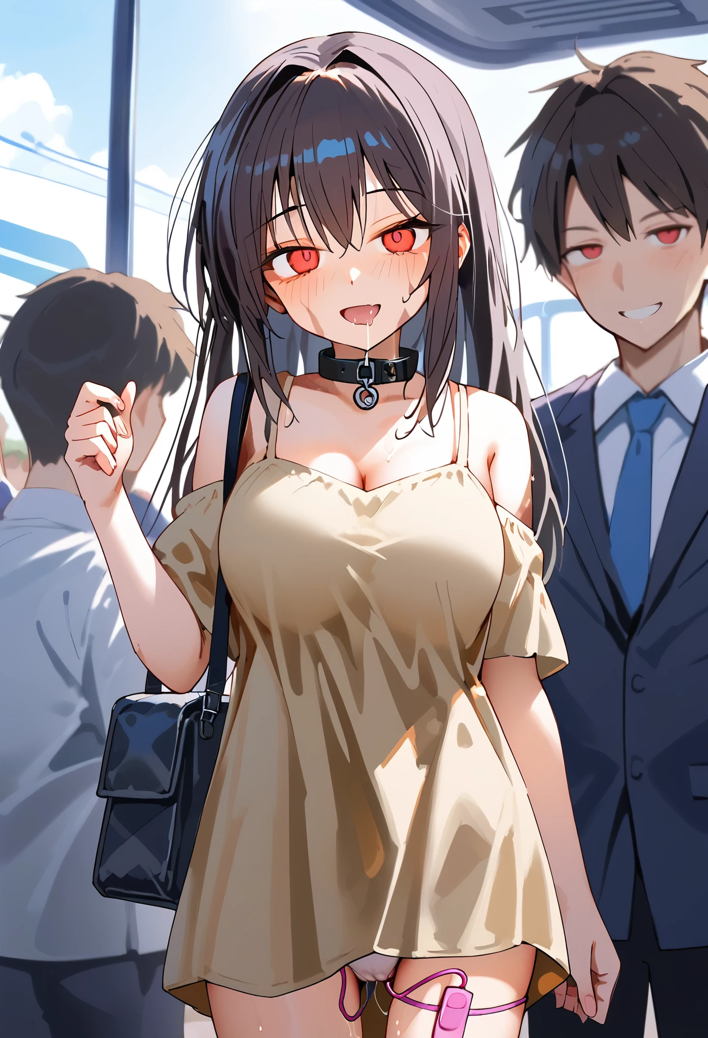 Fraction_9, Fraction_8_direction number_7_direction number_6_up,Subway car interior background,In the crowded crowd,The focus is on 1 girl, (Red eyes:1.3), collar,Cowboy shooting,Overall details, Miko,, (masterpiece, best quality, Ridiculous), src_Japanese cartoons, big breasts, dark gray hair, long hair, bags under eyes, scar, burn scar, side shot,Malnourished,blurred,Can't give up,lovable,Reddened cheeks,Demented smile,open mouth,left by saliva,brown dress,wet skirt hem,Slimy,vibrator under panties ,vibrator under clothes,vibrator bulge, sundress,