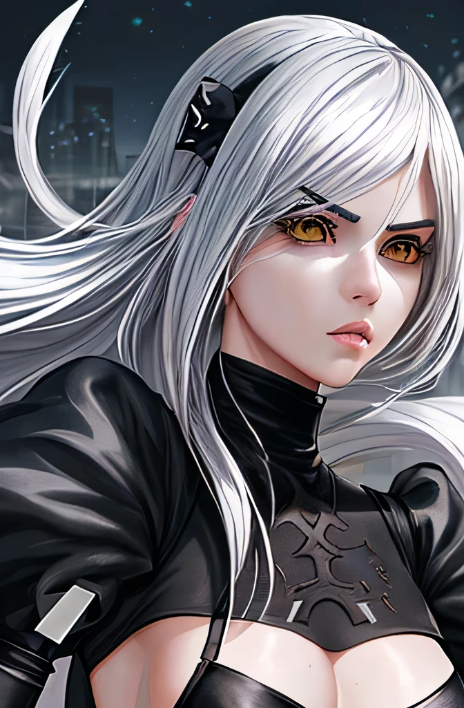 20th generation,1 woman,anime,cool beauty,silver hair,beautiful face,sharp outline,feminine eyebrows,whole body,medium long hiar,city of ruins,YoRHa unit clothing,Slash with a sword,medium chest