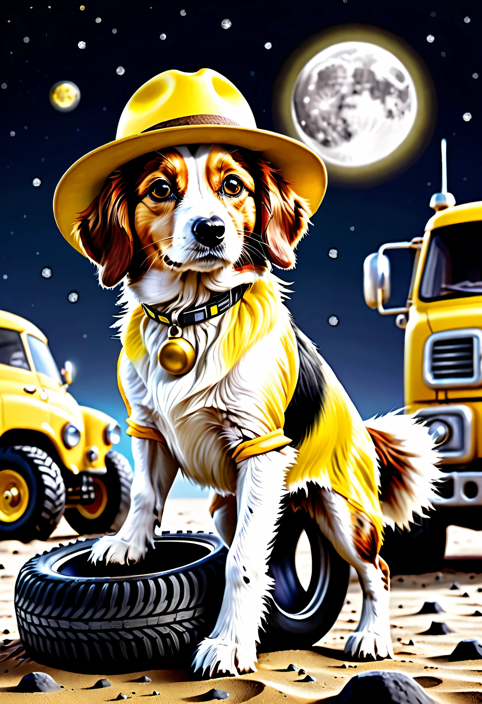 Ultra-high definition, realistic, 16K, a cute Kooikerhondje wearing a yellow ten-gallon hat, changing a tire on the moon's surface.