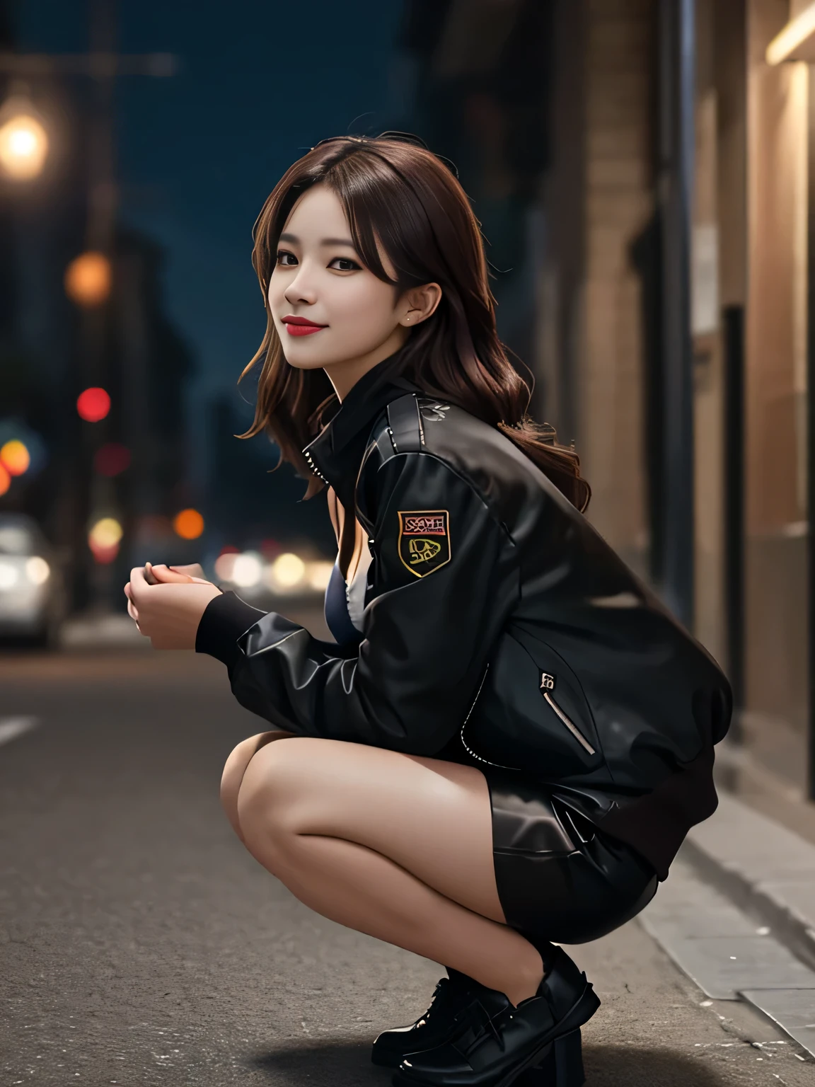 ((Best Quality, 8K, Masterpiece: 1.3)), Full Body, Focus Clear: 1.2, Outstanding Style: 1.4, Slender Abs: 1.2, ((Brown Hair, Big tits: 1.2)), (Neon, Street: 1.1), Highly Detailed Face and Skin Texture, Detailed Eyes, Double Eyelids, 1girl, single, best quality, large-breasts, masterpiece, black hair, smile, seductive smile, gal, cleavage of breast, black army jacket, black jacket, corset, pencil short skirt, short skirt, bokeh, RAW photo, shot on EOS 5D Mark IV, 35mm lens, f1.8, sharp focus, ultra sharp image, stylish model pose, cinematic light, looking the viewer, character focus, staring the viewer, seductive, attractive, elegant, classy, a simple night street background, squatting, from side,