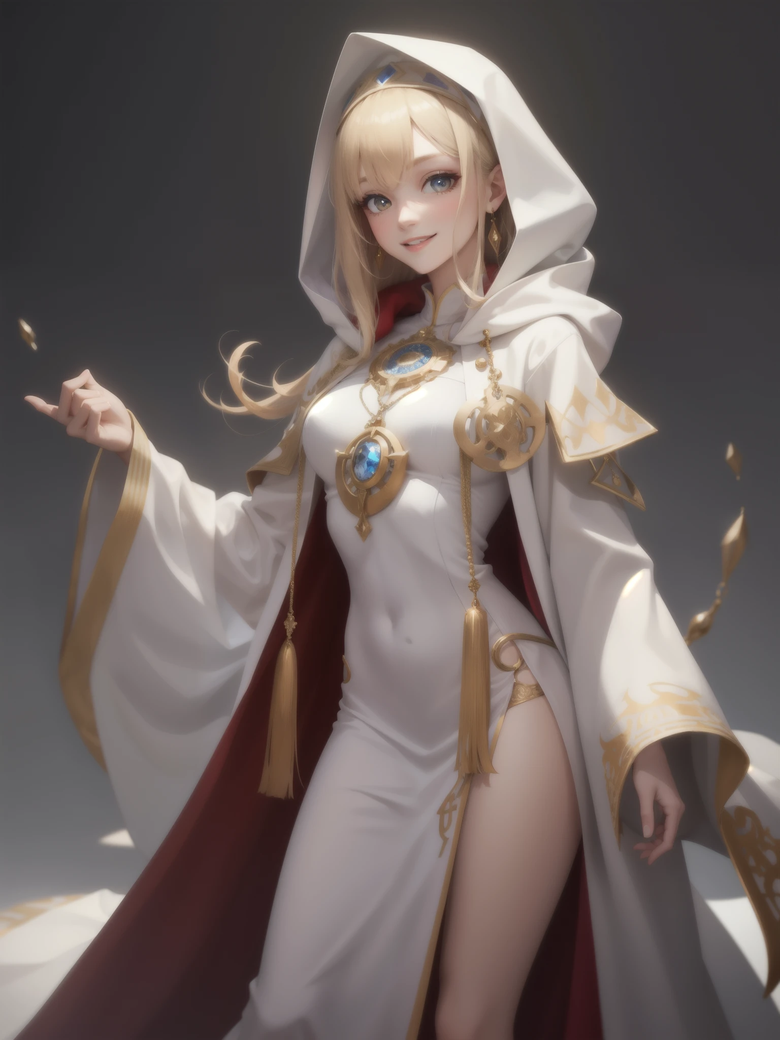perfect eyes:1.2, detailed eyes:1.4, blonde hair, brown eyes, fringe, smile, jewelry, priestess, white dress, white clothes, white robe, hood, hair over shoulder, pelvic curtain dress, 1girl, solo, (masterpiece:1.6, best quality),