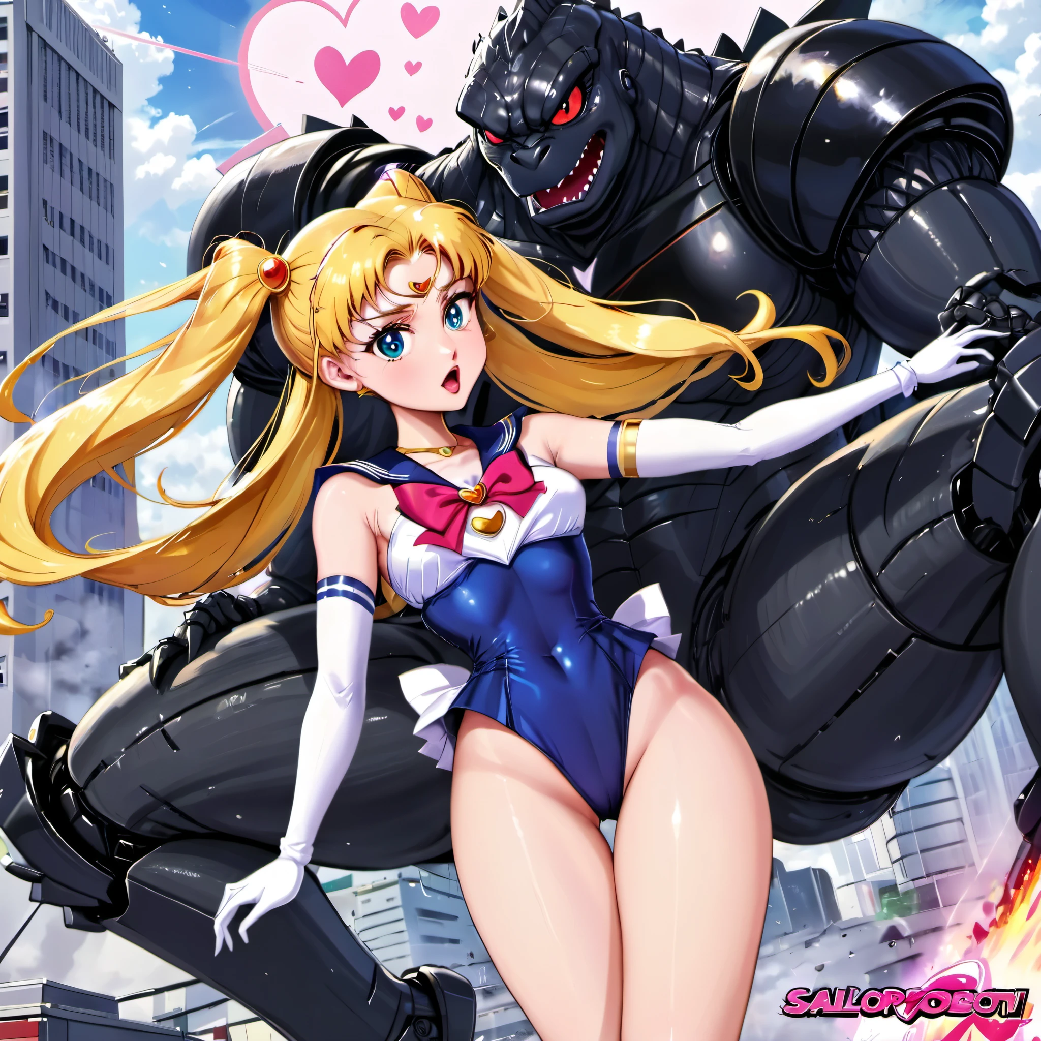 Sailor Moon piloting a sexy giant robot, uses the power of love to stun Godzilla, showing him the error of his ways
