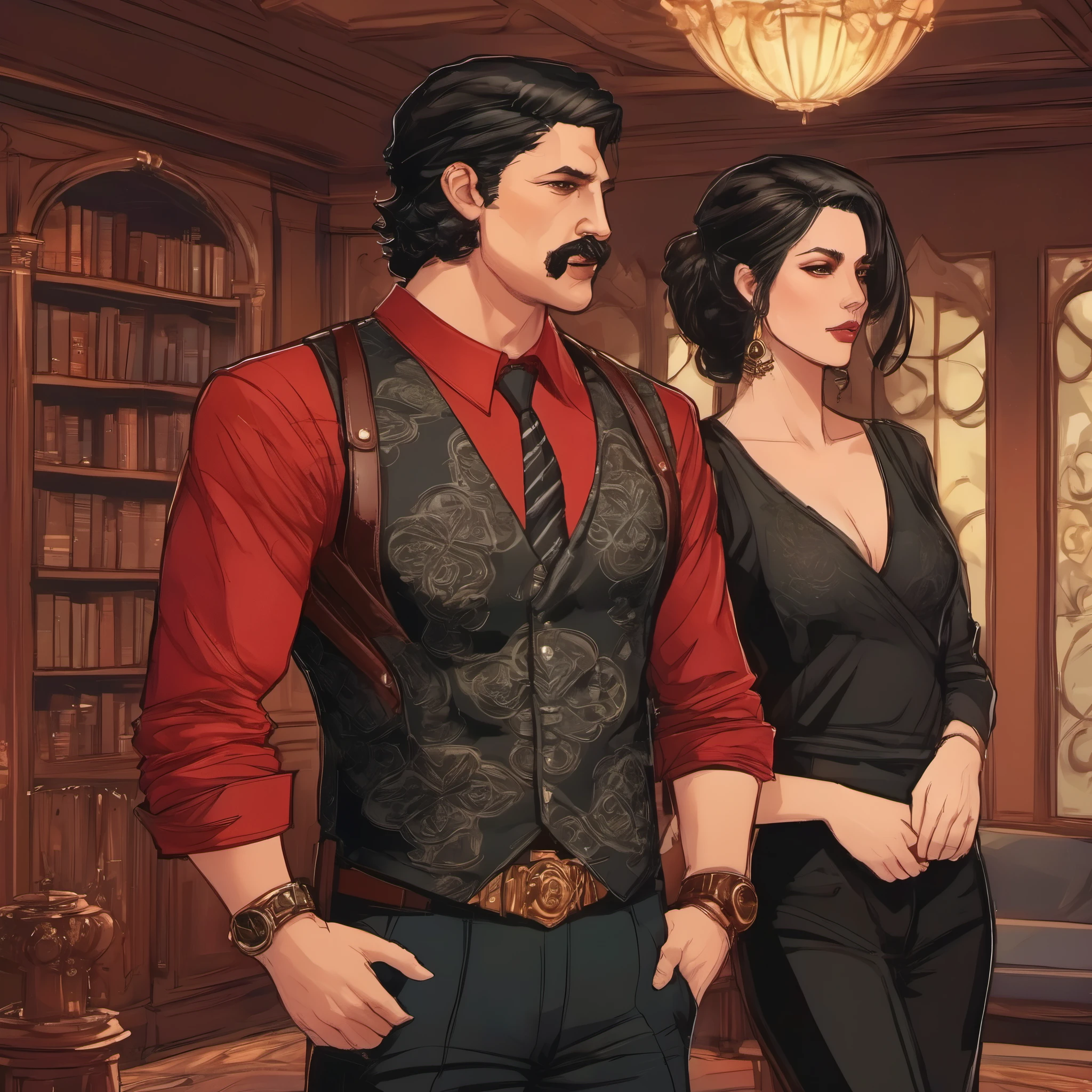 (obra maestra, Mejor calidad:1.2), 1 chico, thenahualli, serious, dangerous man, elegant, elegante, black vest, red shirt, standing, bodyguard of a long brown haired girl, bodyguard of a brunette girl with long hair, 1 girl, en mansion de lujo en Los Angeles, mansion de lujo moderna, in a luxury mansion in Los Angeles, at night, de noche