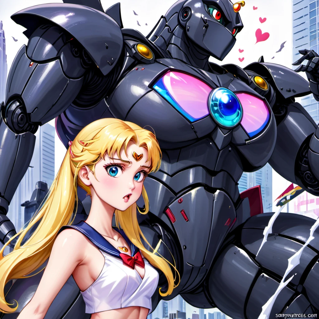 Sailor Moon piloting a sexy giant robot, uses the power of love to stun Godzilla, showing him the error of his ways