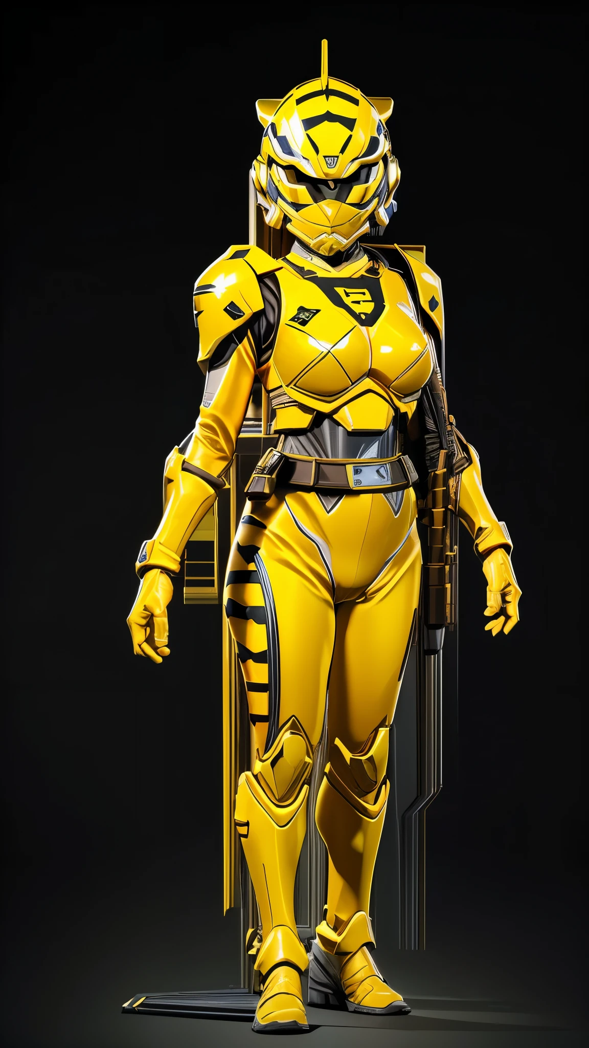 (best quality,4k,8k,highres,masterpiece:1.2),ultra-detailed, Armored Female Trooper, yellow colored armor, helmet themed after a tiger's head, no background, HDR, 8k, absurdres, cinestill 800, sharp focus, add_detail:3 (solo woman) Sentai,