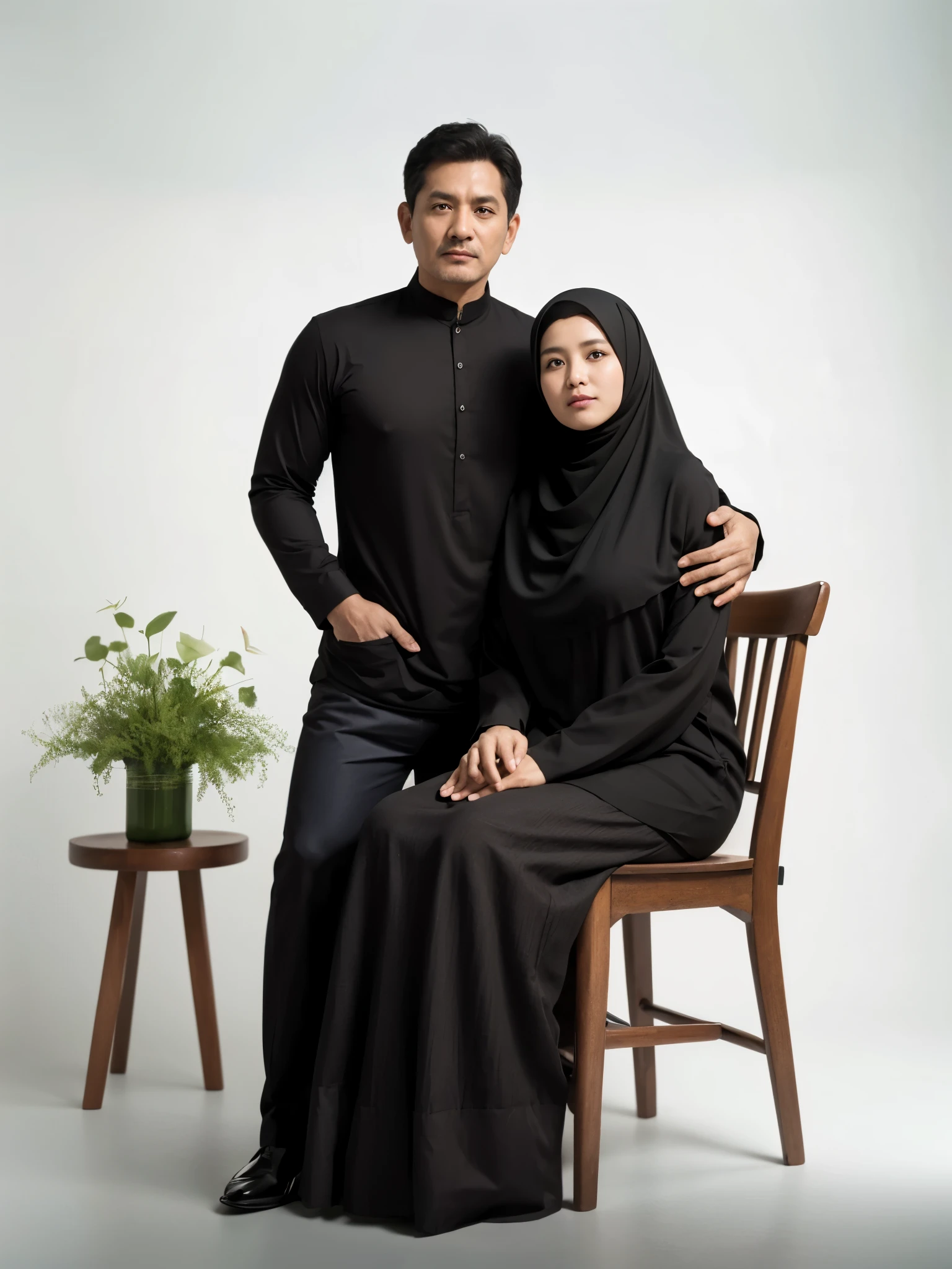 Family photo in Indonesia, two members, one 50-year-old man, very short black hair, wearing a short-sleeved black Muslim shirt, standing pose, embracing a woman sitting on a wooden chair, wearing a black sharia gamis, long hijab, studio photo, white wall background with green flower vase decoration, realistic, ultra HD, 8k.