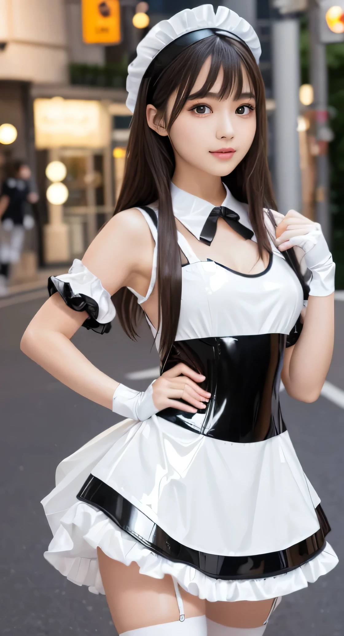 Angelic very beautiful cute young girl,
Beautiful detailed eyes, 
Detailed double eyelids,
(Soft Saturation: 1.3), 
(Fair skin: 1.3),v-line jaw,
(Large eyes:1.4),
Long straight brown hair, 
see-through bangs,15yo student,
Sharp Focus,
beautiful detailed face and eyes, 
drooping eyes,
small straight nose,
small mouth, 
happy smiling with visible teeth, 85mm lens, F/8.0,BREAK (Super shiny white and black latex maid costume :1.3),Walking,Brown hair ,(Costumes with strong reflective surfaces:1.3),
(Best Quality:1.2),(Maid latex costume:1.5),
Raw photo, 
High resolution, 
perfect  detail, 
Professional Photography, 
Professional Lighting,
Powerful lighting of the costume,In the street