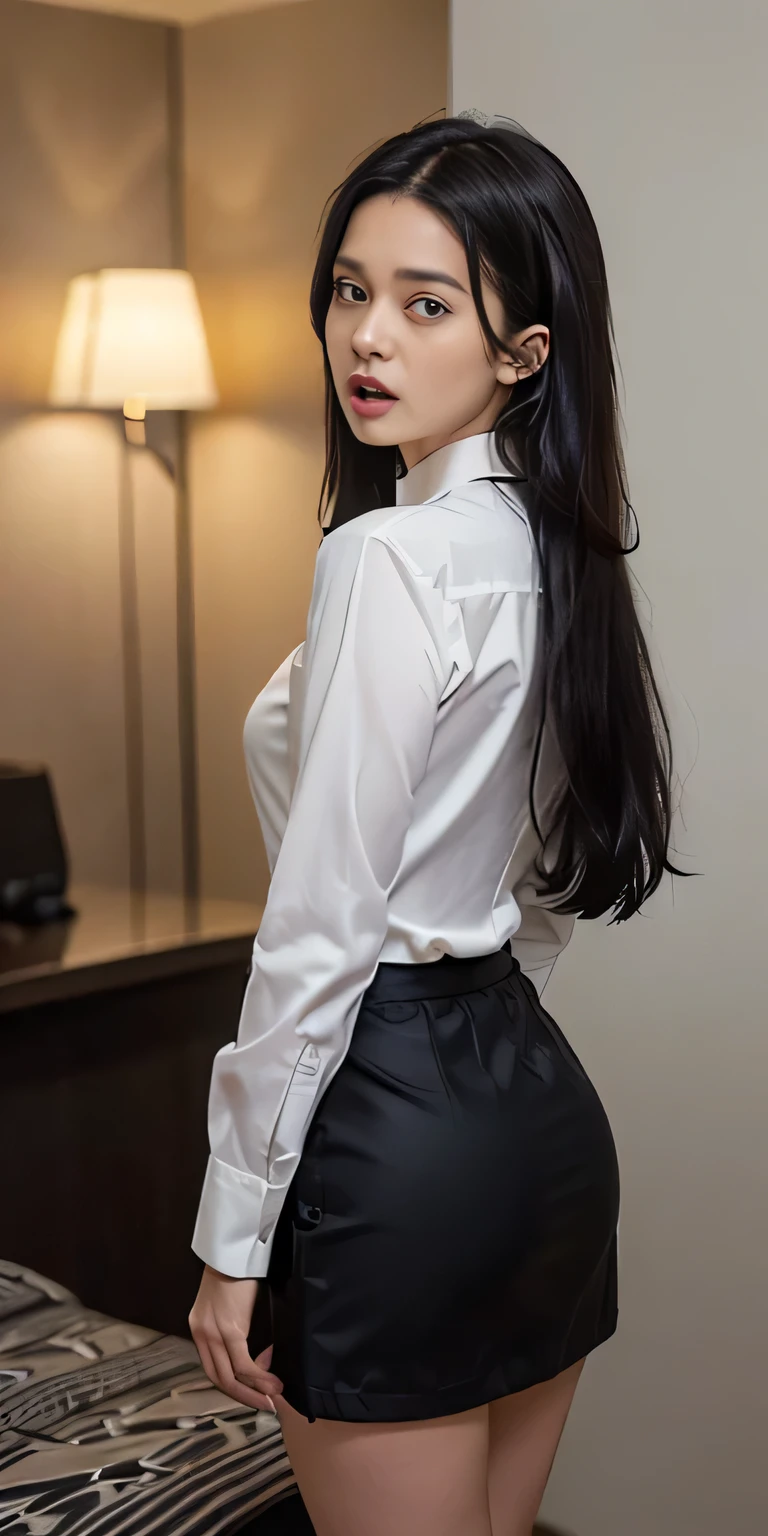 ((masterpiece:1.4))、((muste piece:1.4))、((long black hair woman:1.4))、((Standing in a hotel bedroom wearing a black office skirt:1.4))、 ((cowboy shot:1.4))、((shot from behind:1.4))、((Wearing a white long-sleeved collared dress shirt:1.4))、((small breast:1.4))、((Short black office skirt that highlights your thighs:1.4))、((look at the audience、A woman with a scared expression:1.4))、