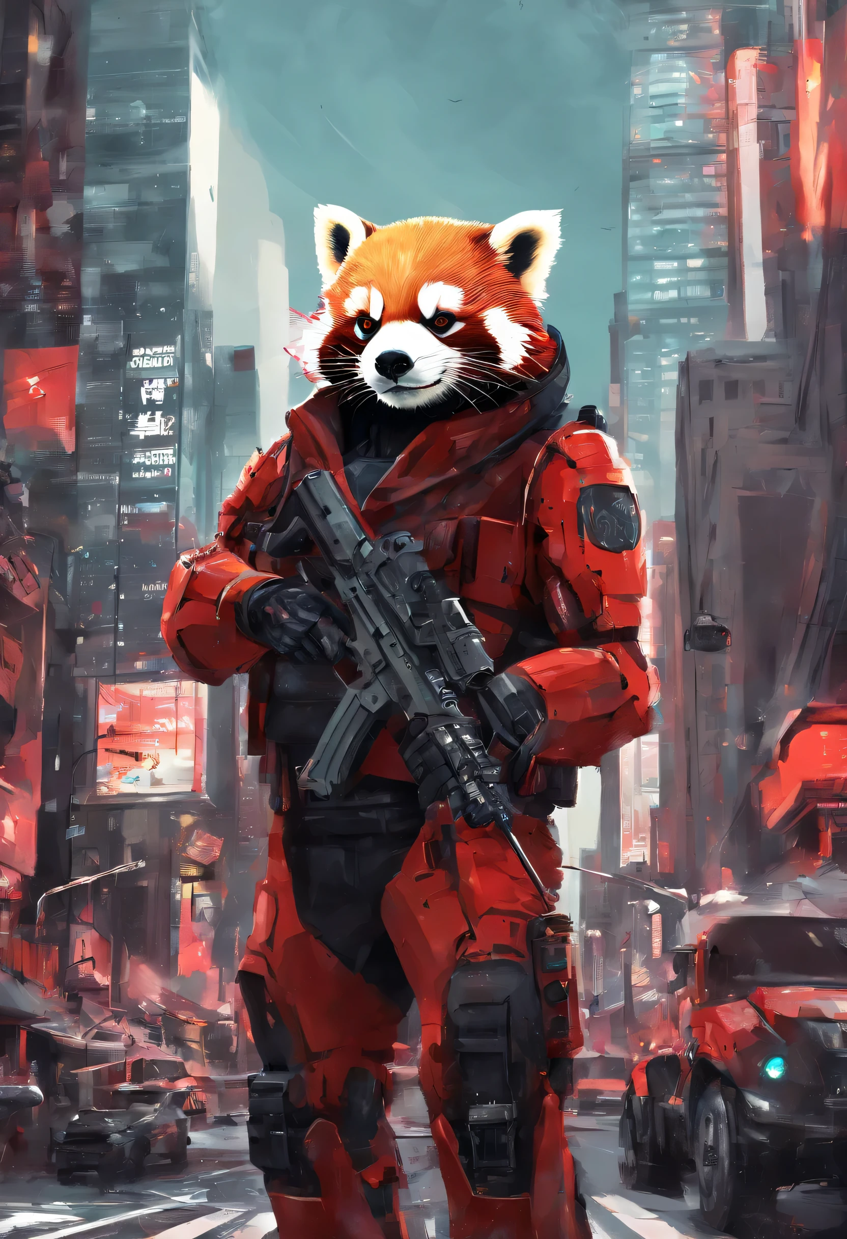 Huge sci-fi robot red pandas with guns in New York City