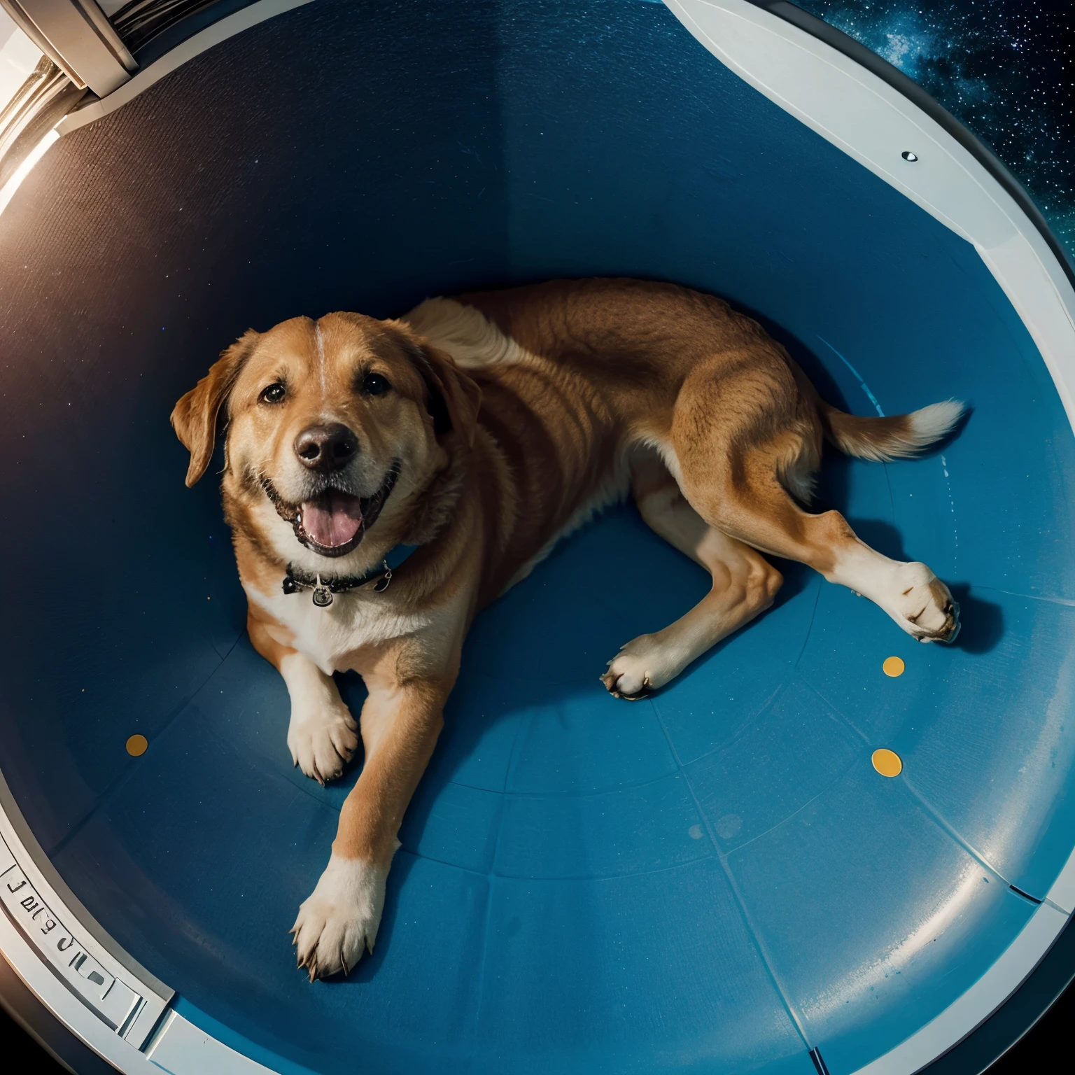 Un perro flotando en el espacio comiendo una estrella y alas