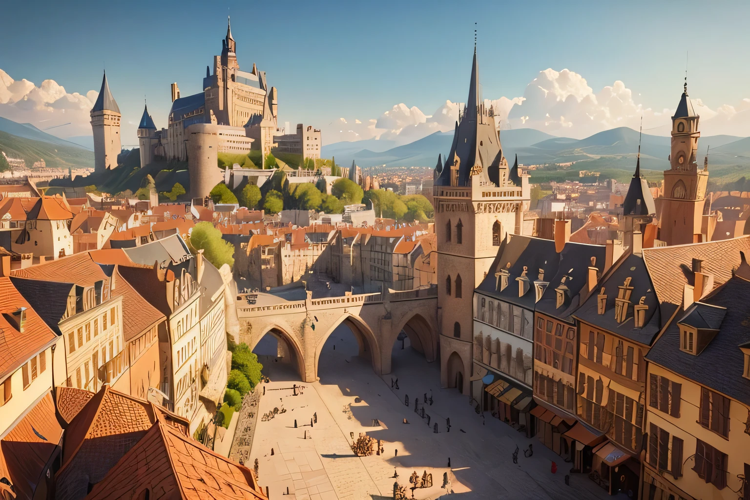 A medieval-inspired cityscape featuring grand palaces and quaint houses, bustling with people in traditional attire, set in a square composition. Architectural influences from Gothic and Romanesque styles. Stone buildings with intricate details, narrow cobblestone streets, market stalls, and castle turrets in the background. Warm, earthy color palette with sunlight streaming through archways