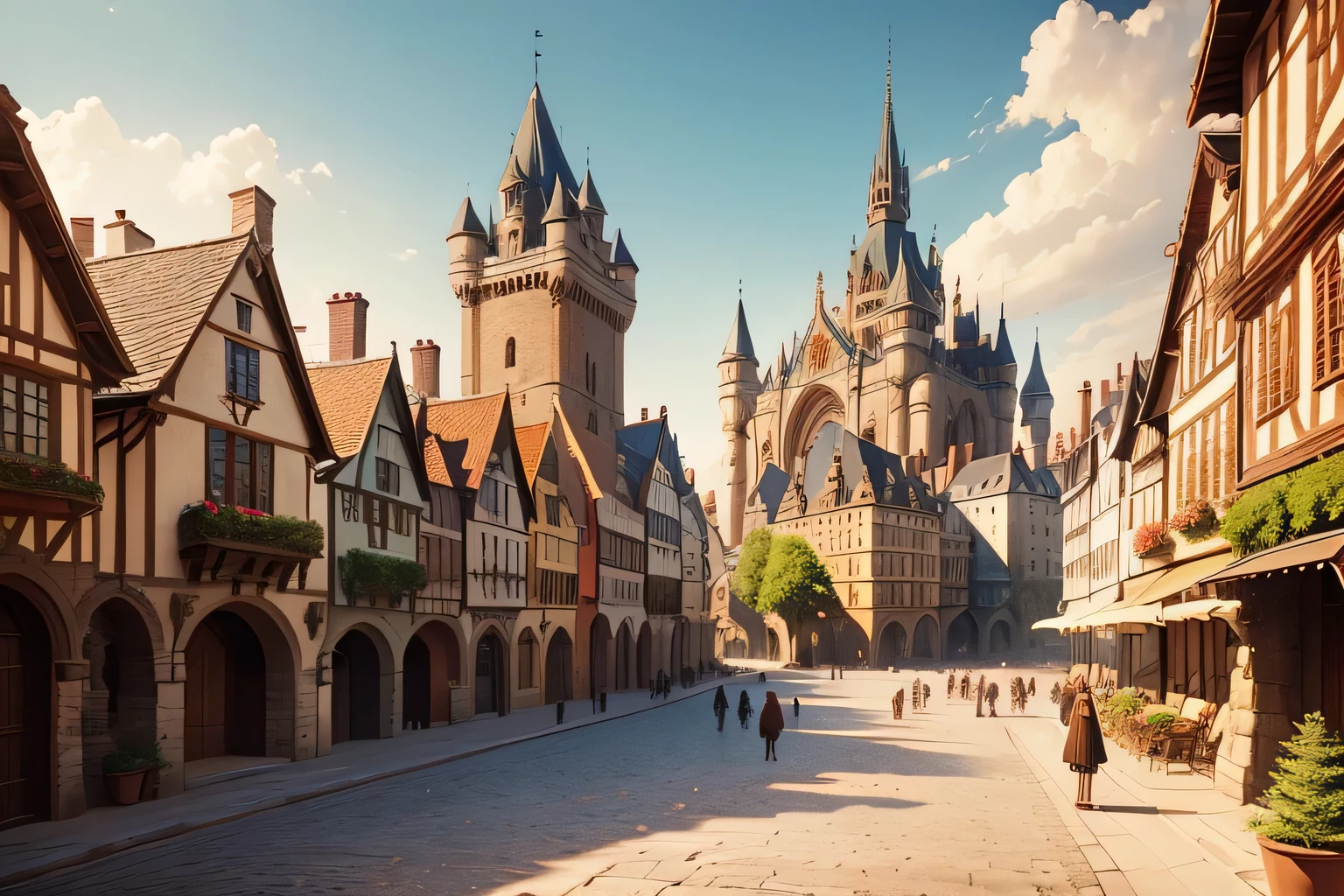 A medieval-inspired cityscape featuring grand palaces and quaint houses, bustling with people in traditional attire, set in a square composition. Architectural influences from Gothic and Romanesque styles. Stone buildings with intricate details, narrow cobblestone streets, market stalls, and castle turrets in the background. Warm, earthy color palette with sunlight streaming through archways