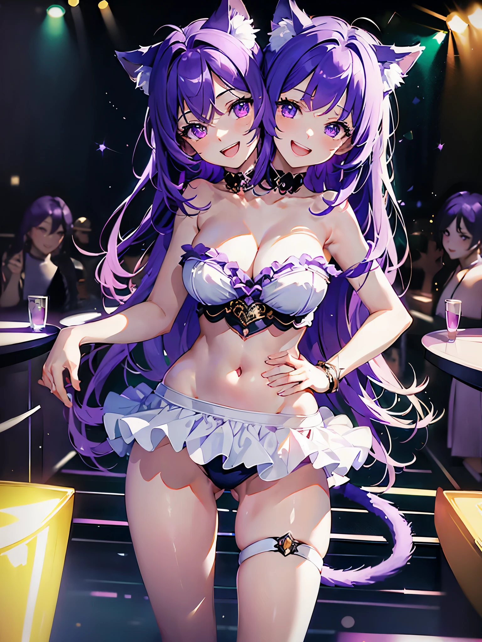 (masterpiece, best quality), best resolution, (2heads:1.5), 1girl, clear face, mature, catgirl, purple hair, cat ears, purple eyes, open mouth, smiling, giggling, one hand on hip, friendly, inviting, white tube top, blue short pants, nightclub dance floor