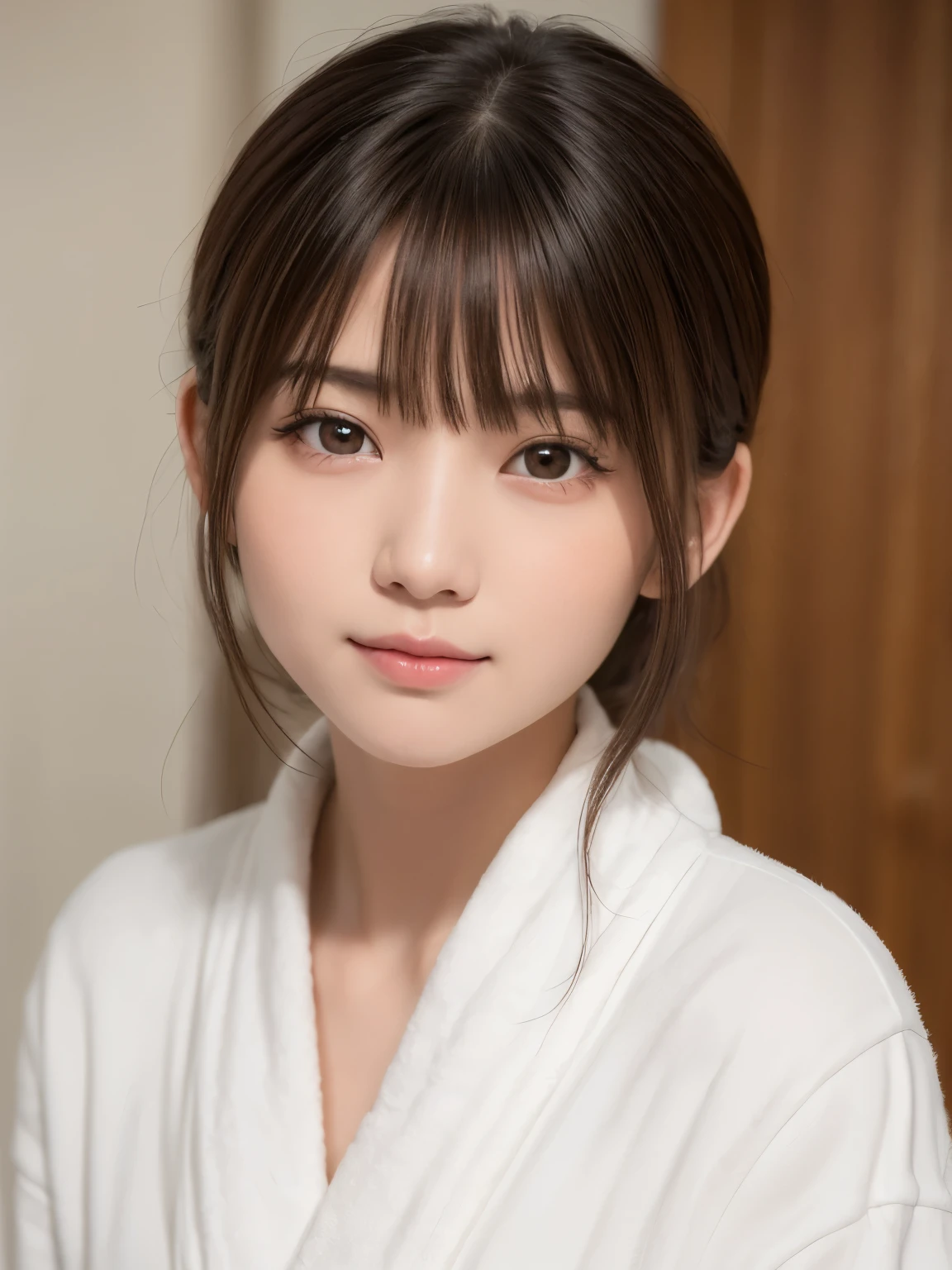 masterpiece, highest quality, one girl, (beautiful girl, delicate girl:1.3), (15 years old:1.3), very fine resolution, (symmetrical eyes:1.3), (Bedroom:1.2), (white bathrobe, cute、good:1.3), small breasts, brown eyes, parted bangs, brown hair, petit girl, (Eye and face details:1.1), (upper teeth, best smile:0.1), (get closer to the face, zoom in on the face, face focus:1.2)