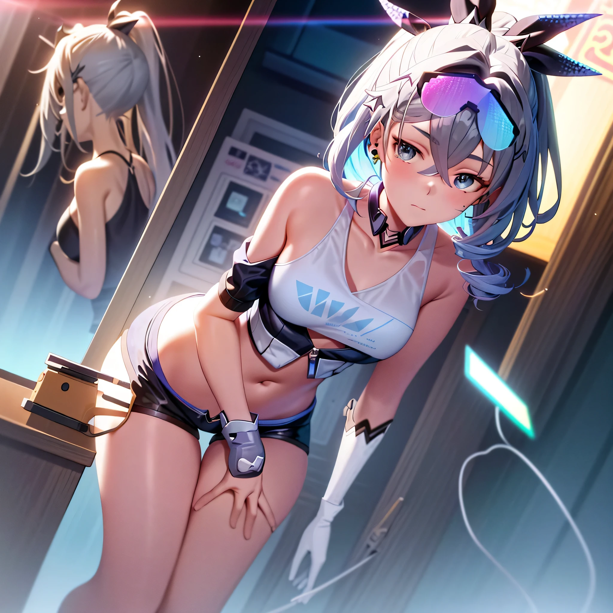 SilverWolfV4,(masterpiece:1.2), highest quality, (figure:1.2), (Super detailed),focus of the eye,(well-crafted brilliance, pink lens flare), (movie background),(((colorful))), hyper details, (Delicate), (intricate details), octane rendering, HDR, (very detailed:1.15), (soft light:1.2), 1 girl, beautiful girl, very detailed目, mature, Plump, rainbow painting drops,(Supermodel:1.3), made from paint, paint completely, splat, splash, indoors, (bioluminescent hair:1.1),(shining eyes), ((compensate)),(movie masterpiece), intense, powerful, splashes of colour absolutely eye-catching, (movie headlights), ((caustic)), dynamic angle, Beautiful Delicate Shine, ambient occlusion, ambient light, raytraced reflections,(best illumination, very delicate and beautiful), ((cinematic light)), (soft:2), . colorful glasses, game pixel, retro style, living arcade characters, arcade style world, gloves, Jacket, full body, arms, shorts, black gloves, black Jacket, gun, drill hair, black shorts, glasses on head, bubble blowing, chewing gum