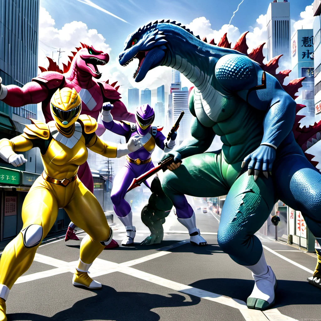 (best quality,4k,8k,highres,masterpiece:1.2),ultra-detailed,(realistic,photorealistic,photo-realistic:1.37),heroes,action-packed scene,giant monsters,battle,explosions,colorful explosions,stunning visuals,Mighty Morphin Power Rangers,city outskirts,Tokyo,Godzilla,warning,weapons drawn,fighting stances,powerful poses,ready for battle,energetic,great teamwork,confident expressions,powerful heroes,menacing Godzilla,monster towering,destruction,ruined buildings,smoke and dust rising,menacing presence,detail-rich scale texture,big sharp claws,fierce teeth,burning red eyes,scaly reptilian skin,terrified civilians,evacuation efforts,dynamic perspective,widespread chaos,human presence for scale,ground-shaking steps,city in ruins,high contrast lighting,dramatic lighting,massive destruction,heroic city defense,vivid color palette,nighttime scene,moody atmosphere