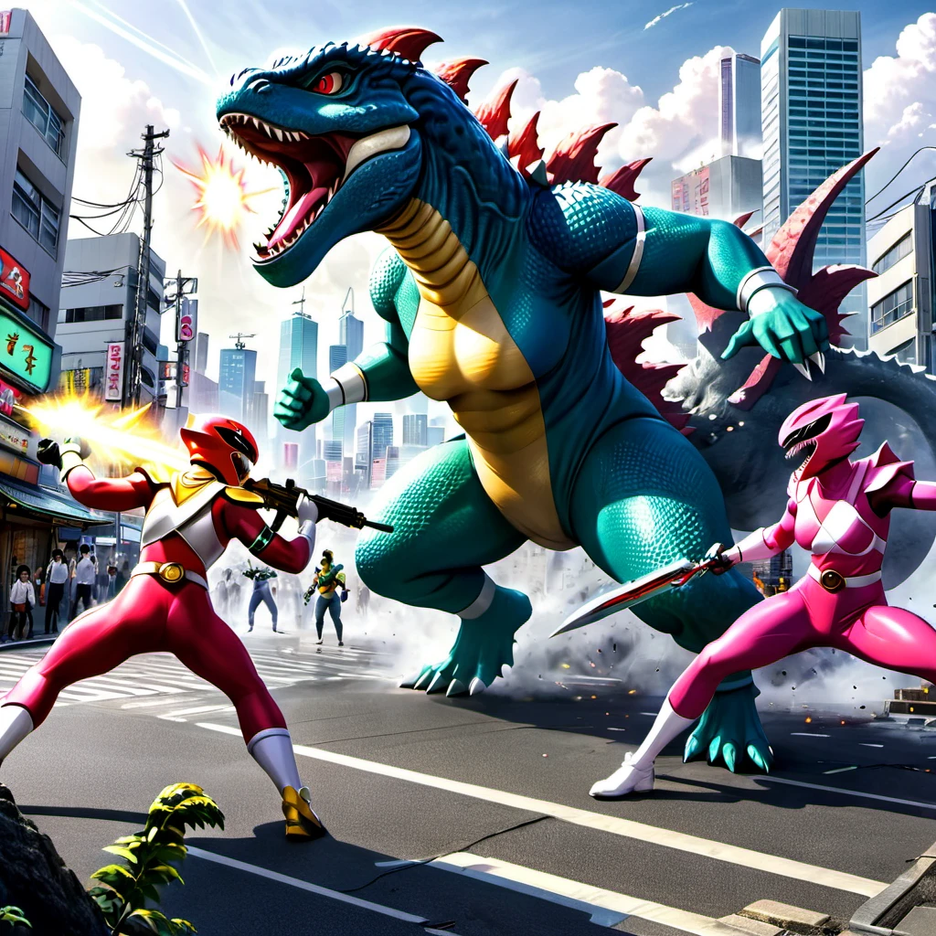 The mighty Morphing Power Rangers take up fighting stances with weapons drawn, warning Godzilla to stay out of the city, on the outskirts of Tokyo (make sure to show Godzilla)