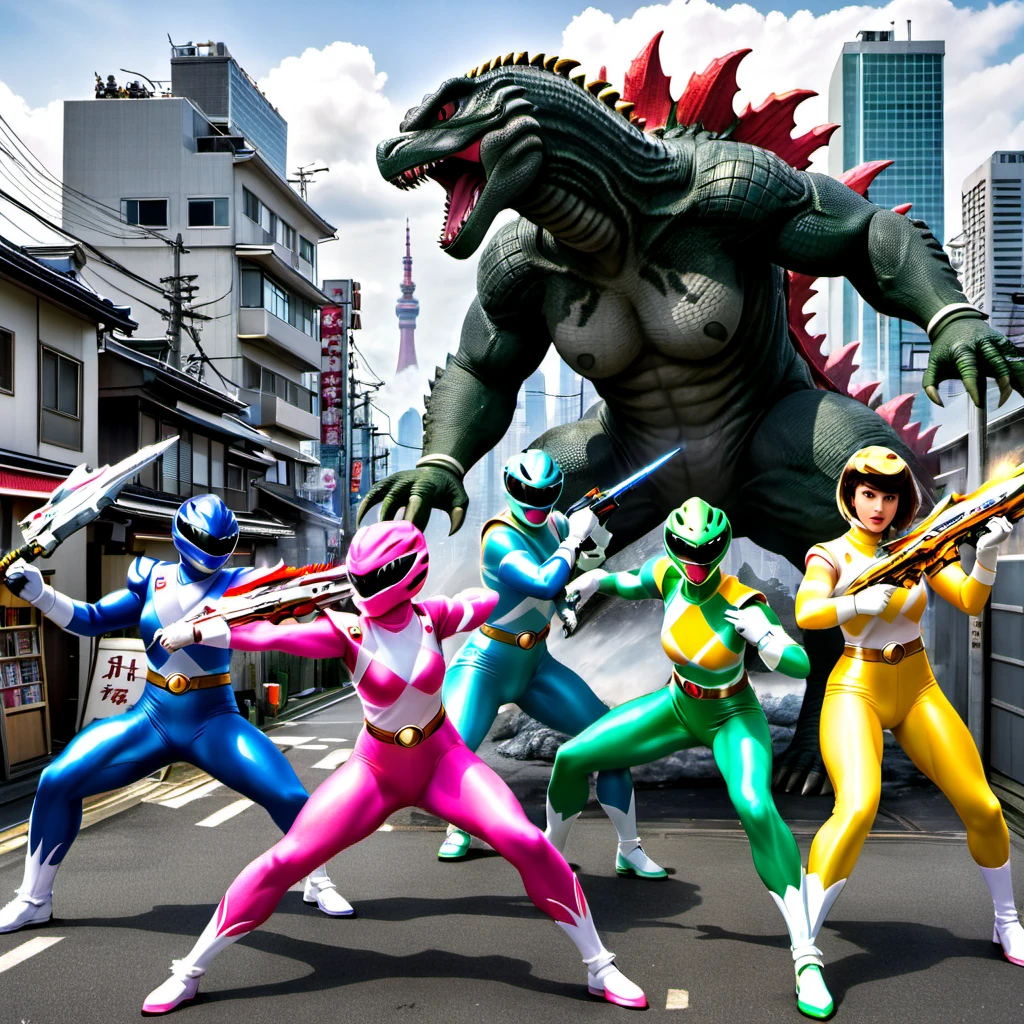 (best quality,4k,8k,highres,masterpiece:1.2),ultra-detailed,(realistic,photorealistic,photo-realistic:1.37),heroes,action-packed scene,giant monsters,battle,explosions,colorful explosions,stunning visuals,Mighty Morphin Power Rangers,city outskirts,Tokyo,Godzilla,warning,weapons drawn,fighting stances,powerful poses,ready for battle,energetic,great teamwork,confident expressions,powerful heroes,menacing Godzilla,monster towering,destruction,ruined buildings,smoke and dust rising,menacing presence,detail-rich scale texture,big sharp claws,fierce teeth,burning red eyes,scaly reptilian skin,terrified civilians,evacuation efforts,dynamic perspective,widespread chaos,human presence for scale,ground-shaking steps,city in ruins,high contrast lighting,dramatic lighting,massive destruction,heroic city defense,vivid color palette,nighttime scene,moody atmosphere