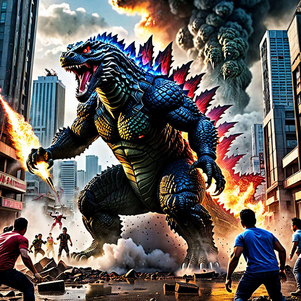 (best quality,4k,8k,highres,masterpiece:1.2),ultra-detailed,(realistic,photorealistic,photo-realistic:1.37),heroes,action-packed scene,giant monsters,battle,explosions,colorful explosions,stunning visuals,Mighty Morphin Power Rangers,city outskirts,Tokyo,Godzilla,warning,weapons drawn,fighting stances,powerful poses,ready for battle,energetic,great teamwork,confident expressions,powerful heroes,menacing Godzilla,monster towering,destruction,ruined buildings,smoke and dust rising,menacing presence,detail-rich scale texture,big sharp claws,fierce teeth,burning red eyes,scaly reptilian skin,terrified civilians,evacuation efforts,dynamic perspective,widespread chaos,human presence for scale,ground-shaking steps,city in ruins,high contrast lighting,dramatic lighting,massive destruction,heroic city defense,vivid color palette,nighttime scene,moody atmosphere