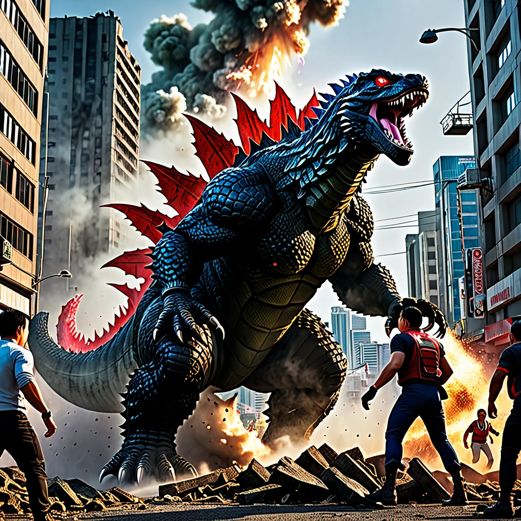 (best quality,4k,8k,highres,masterpiece:1.2),ultra-detailed,(realistic,photorealistic,photo-realistic:1.37),heroes,action-packed scene,giant monsters,battle,explosions,colorful explosions,stunning visuals,Mighty Morphin Power Rangers,city outskirts,Tokyo,Godzilla,warning,weapons drawn,fighting stances,powerful poses,ready for battle,energetic,great teamwork,confident expressions,powerful heroes,menacing Godzilla,monster towering,destruction,ruined buildings,smoke and dust rising,menacing presence,detail-rich scale texture,big sharp claws,fierce teeth,burning red eyes,scaly reptilian skin,terrified civilians,evacuation efforts,dynamic perspective,widespread chaos,human presence for scale,ground-shaking steps,city in ruins,high contrast lighting,dramatic lighting,massive destruction,heroic city defense,vivid color palette,nighttime scene,moody atmosphere