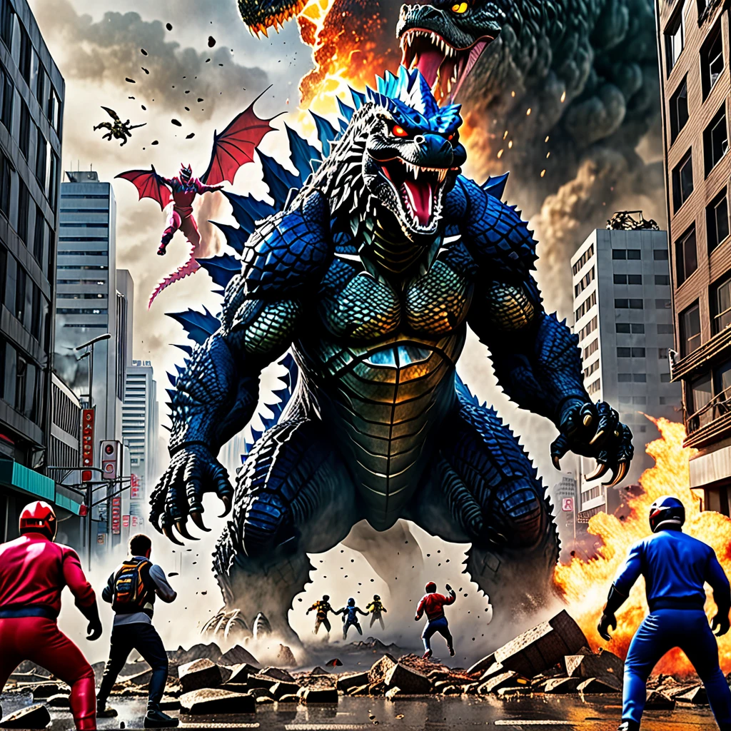 (best quality,4k,8k,highres,masterpiece:1.2),ultra-detailed,(realistic,photorealistic,photo-realistic:1.37),heroes,action-packed scene,giant monsters,battle,explosions,colorful explosions,stunning visuals,Mighty Morphin Power Rangers,city outskirts,Tokyo,Godzilla,warning,weapons drawn,fighting stances,powerful poses,ready for battle,energetic,great teamwork,confident expressions,powerful heroes,menacing Godzilla,monster towering,destruction,ruined buildings,smoke and dust rising,menacing presence,detail-rich scale texture,big sharp claws,fierce teeth,burning red eyes,scaly reptilian skin,terrified civilians,evacuation efforts,dynamic perspective,widespread chaos,human presence for scale,ground-shaking steps,city in ruins,high contrast lighting,dramatic lighting,massive destruction,heroic city defense,vivid color palette,nighttime scene,moody atmosphere