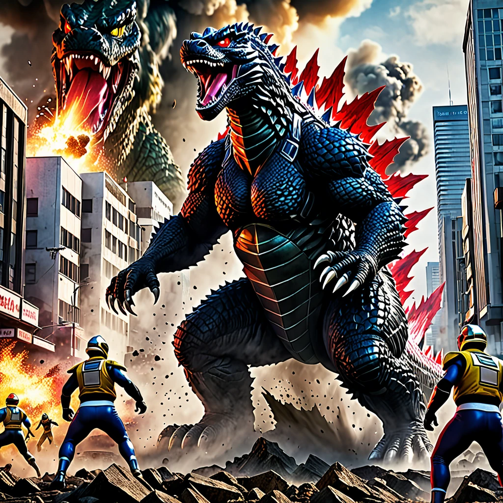 (best quality,4k,8k,highres,masterpiece:1.2),ultra-detailed,(realistic,photorealistic,photo-realistic:1.37),heroes,action-packed scene,giant monsters,battle,explosions,colorful explosions,stunning visuals,Mighty Morphin Power Rangers,city outskirts,Tokyo,Godzilla,warning,weapons drawn,fighting stances,powerful poses,ready for battle,energetic,great teamwork,confident expressions,powerful heroes,menacing Godzilla,monster towering,destruction,ruined buildings,smoke and dust rising,menacing presence,detail-rich scale texture,big sharp claws,fierce teeth,burning red eyes,scaly reptilian skin,terrified civilians,evacuation efforts,dynamic perspective,widespread chaos,human presence for scale,ground-shaking steps,city in ruins,high contrast lighting,dramatic lighting,massive destruction,heroic city defense,vivid color palette,nighttime scene,moody atmosphere