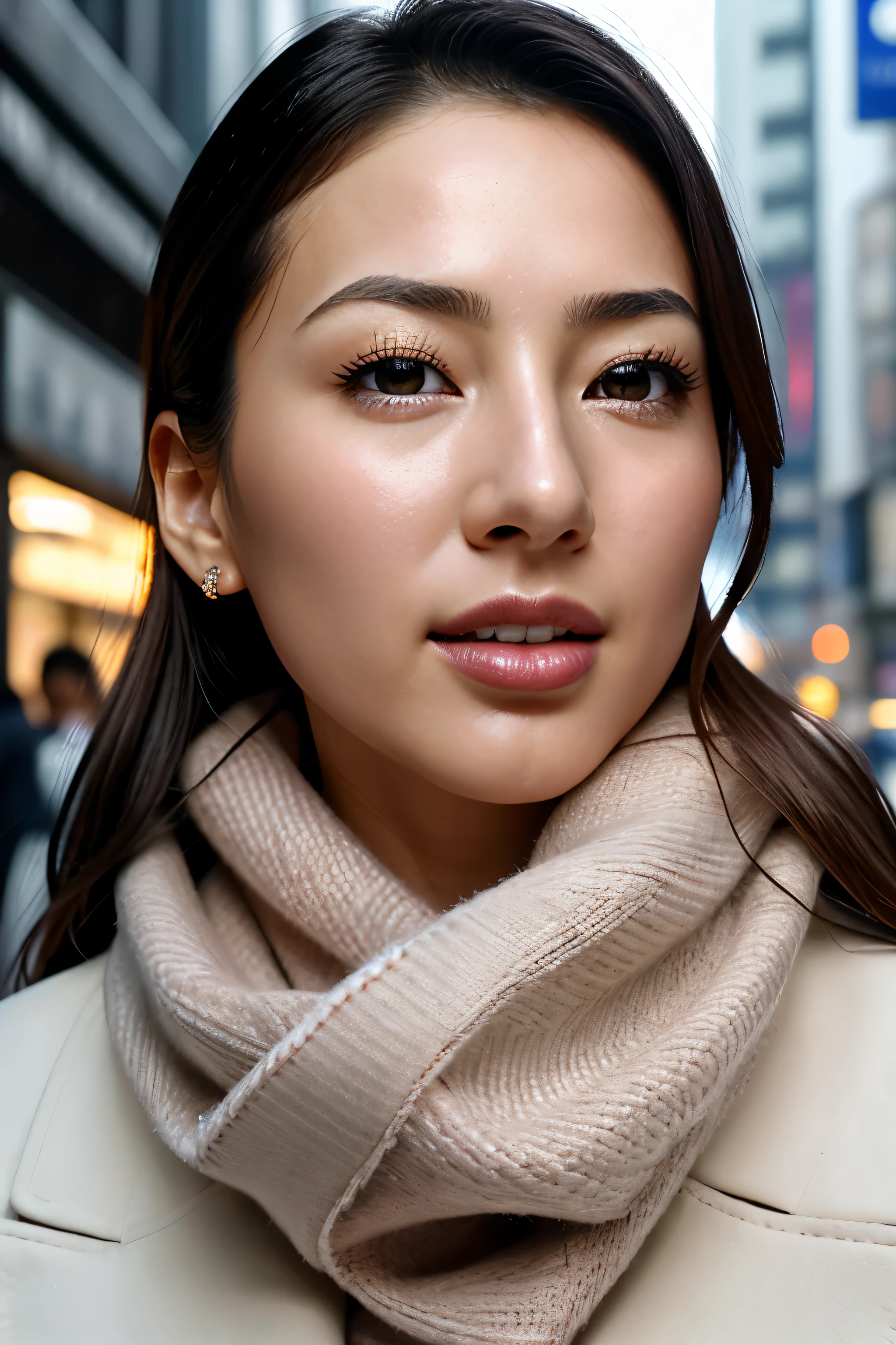 beautiful japanese actress,1 girl,debris flies,,Award-winning photo, very detailed, focus the eyes clearly, nose and mouth,face focus, super close up of face、 35 years old,black hair、symmetrical face,realistic nostrils、Angle from below、Elongated C-shaped nostril NSFW,(sharp nose)skin shining with sweat、shiny skin,(wrinkles between eyebrows))（cum on tongue)、deep kiss、((thin eyebrows))oily skin、radiant glowing skin、double eyelid、、Beautiful woman、medium hair,roll your eyes、shortcut、(Winter streets、long coat、sweater、scarf)、I can see the sky、Shibuya Center Street、