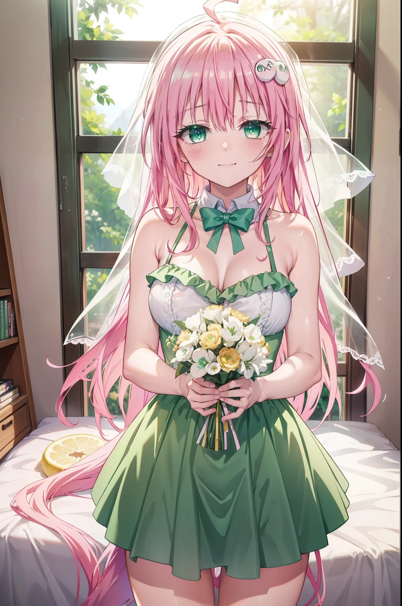 Lara Deviluke, Lara Deviluke, long hair, pink hair, tail, Ahoge, bangs, hair ornaments, (green eyes:1.5), smile,break demon tail, veil,yellow bra,yellow string underwear,One bouquet with a happy smile, smile, open your mouth, Are standing,
From above,Crouching on the bed held in hand,
break indoors, Bedroom,
break looking at viewer, (cowboy shot:1.5),
break (masterpiece:1.2), highest quality, High resolution, unity 8k wallpaper, (figure:0.8), (beautiful detailed eyes:1.6), extremely detailed face, perfect lighting, extremely detailed CG, (perfect hands, perfect anatomy),