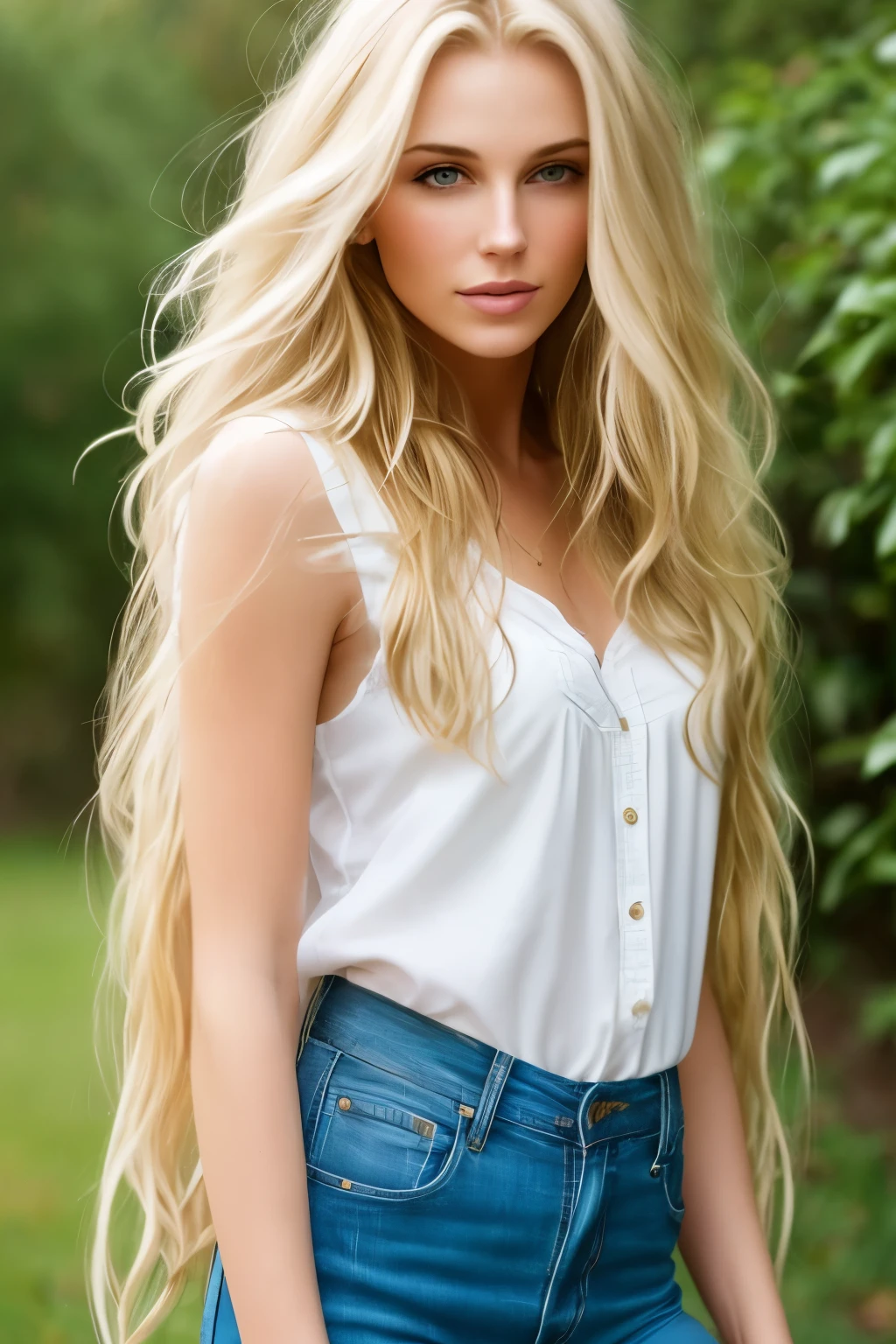 Realistic portrayal:1.2, photorealistic, 8k, Sam from Totally Spies! long, very wavy creamy blonde hair (big hair, big volume), emerald green eyes and fair skin; smiling,wearing rainbow denim outfits, wide-angle shot, high-angle shot