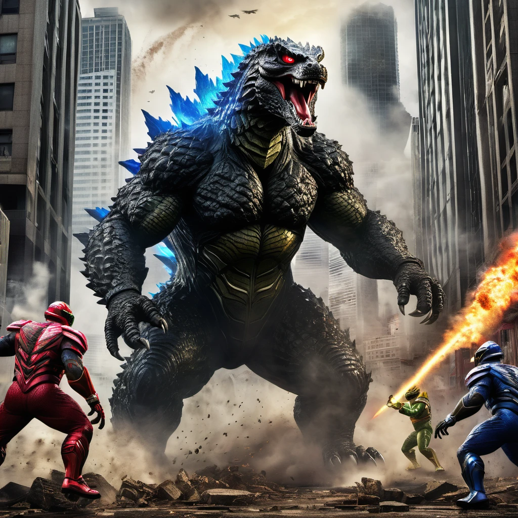 (best quality,4k,8k,highres,masterpiece:1.2),ultra-detailed,(realistic,photorealistic,photo-realistic:1.37),heroes,action-packed scene,giant monsters,battle,explosions,colorful explosions,stunning visuals,Mighty Morphin Power Rangers,city outskirts,Tokyo,Godzilla,warning,weapons drawn,fighting stances,powerful poses,ready for battle,energetic,great teamwork,confident expressions,powerful heroes,menacing Godzilla,monster towering,destruction,ruined buildings,smoke and dust rising,menacing presence,detail-rich scale texture,big sharp claws,fierce teeth,burning red eyes,scaly reptilian skin,terrified civilians,evacuation efforts,dynamic perspective,widespread chaos,human presence for scale,ground-shaking steps,city in ruins,high contrast lighting,dramatic lighting,massive destruction,heroic city defense,vivid color palette,nighttime scene,moody atmosphere