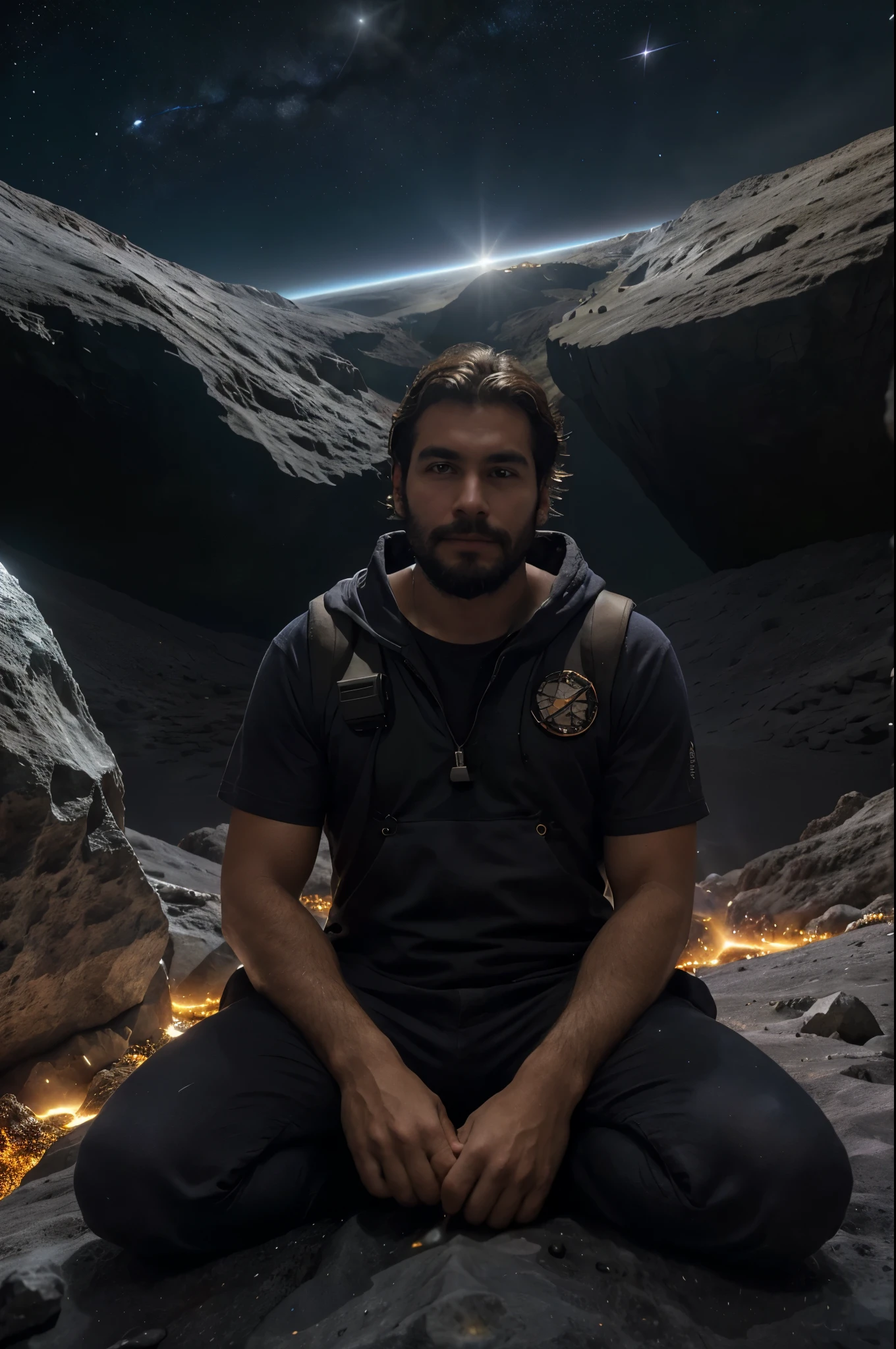 Desenhe um jovem programador, sitting on a research platform floating in the middle of an asteroid belt. He is studying with a notebook, surrounded by several asteroids glowing with fiery auras. Dramatic lighting from distant stars and planets illuminates the scene, casting deep shadows on the costume. O jovem parece confiante e determinado, looking at the vast and mysterious universe with awe and respect,Facial hair, tiro de vaqueiro,