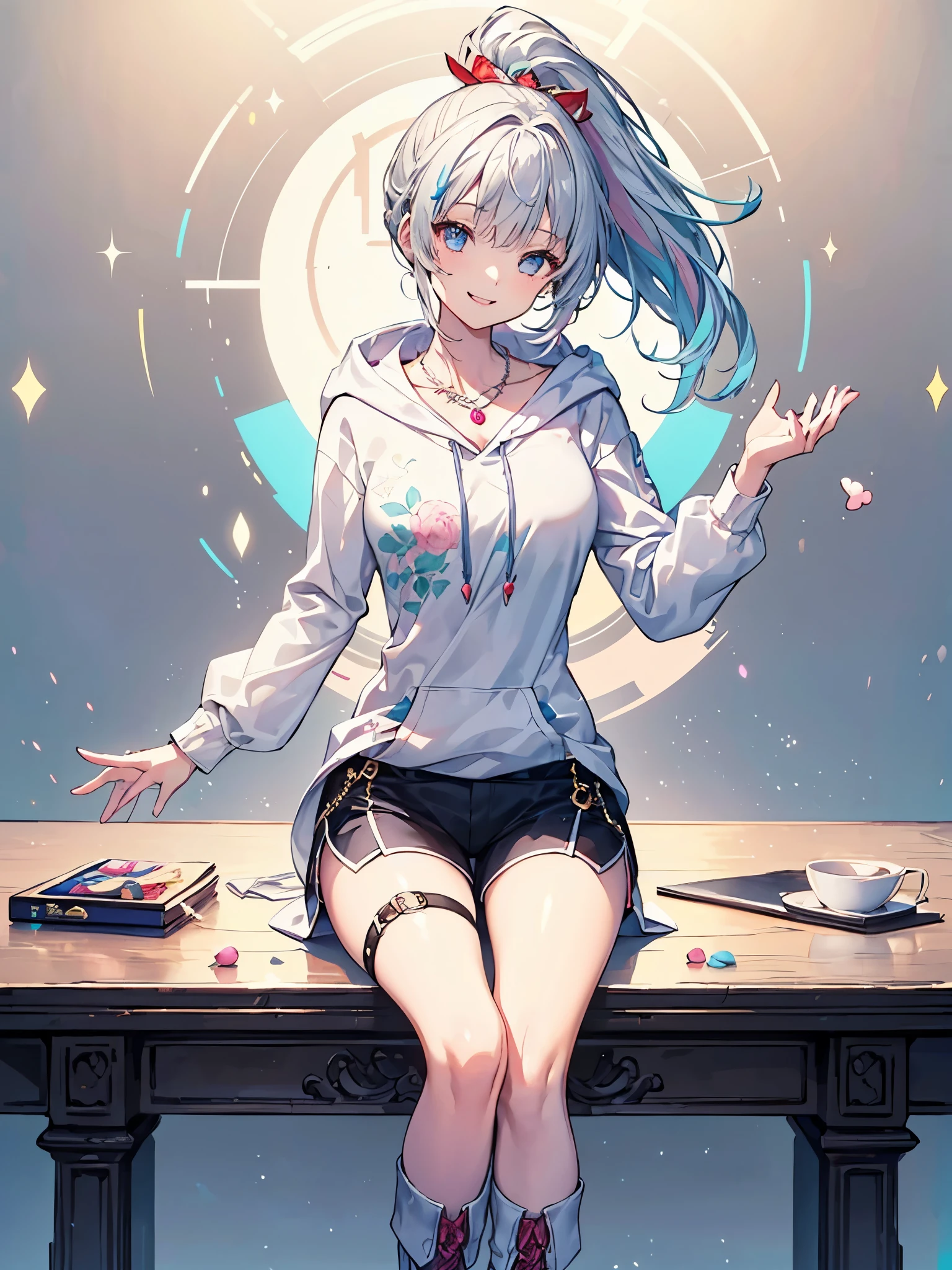 ((on the table)), best quality, absurd, Super detailed, holographic, Cowboy shooting, dynamic poses, golden ratio, 超级Lovely女孩, mature girl, extremely beautiful, super beautiful asian girl，With super beautiful purple eyes, Super beautiful white hair, shiny skin, high ponytail, Good and harmonious , Slender and delicate figure, Perfect body, Wearing a white crop top with a super tight print, Lovely( Reasonable design, clear lines, high definition,best quality, Very detailed, on the table, Lighting effects, 4K )、(Hooded sweatshirt、long sleeve hoodie、(pastel colors:1.5)、(Lovely illustration:1.5)(1 girl in:1.0)、White background、girl with、Whole BodyEsbian、black and red pattern、Natural light、Lovely,、long hair, black hair、Red bangs、Partial redhead、一个black hair的、(blue eyes:1.0)、shorts、Whole BodyEsbian, fantasy, detailed picture、smile slightly、Very cute、Lovely、Feng and Feng、smile slightly、best smile，top quality, masterpiece,hair accessories, necklace, jewelry, pretty face, calm smile, , Tyndall effect,edge lighting, two color lights, (HD skin:1.2), 8K Ultra HD, soft light, high quality, Volumetric lighting, confess, photography, high resolution, 4k, 8k, Bokeh，boots，Very tall，Straps，dress,full-body shot