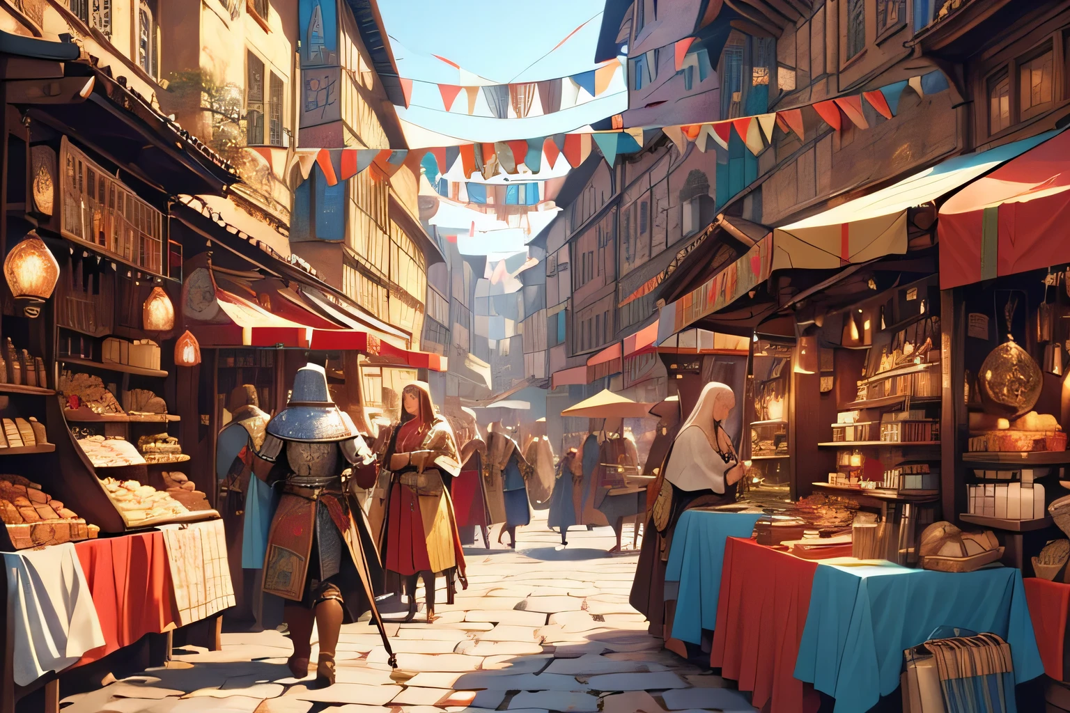 A bustling medieval market scene with colorful stalls and lively traders, inspired by the Renaissance period, detailed tapestries hanging, knights in shining armor browsing through goods, cobblestone streets, bustling crowd in traditional attire, vibrant atmosphere