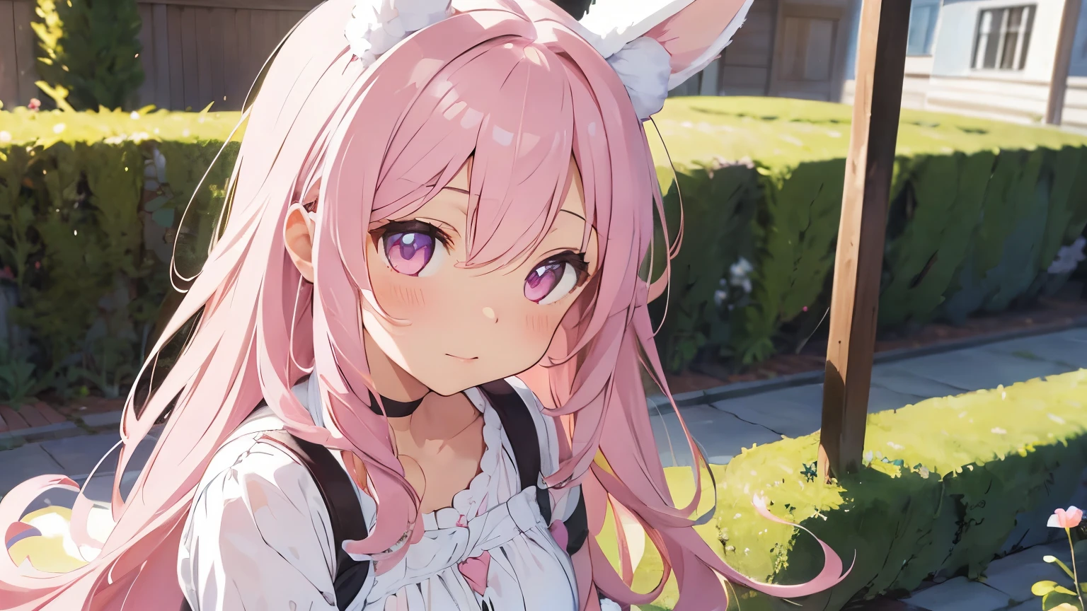 beautiful illustrations, highest quality, pretty girl, pastel colour, fluffy rabbit ears, pink long hair,light pink eyes,garden