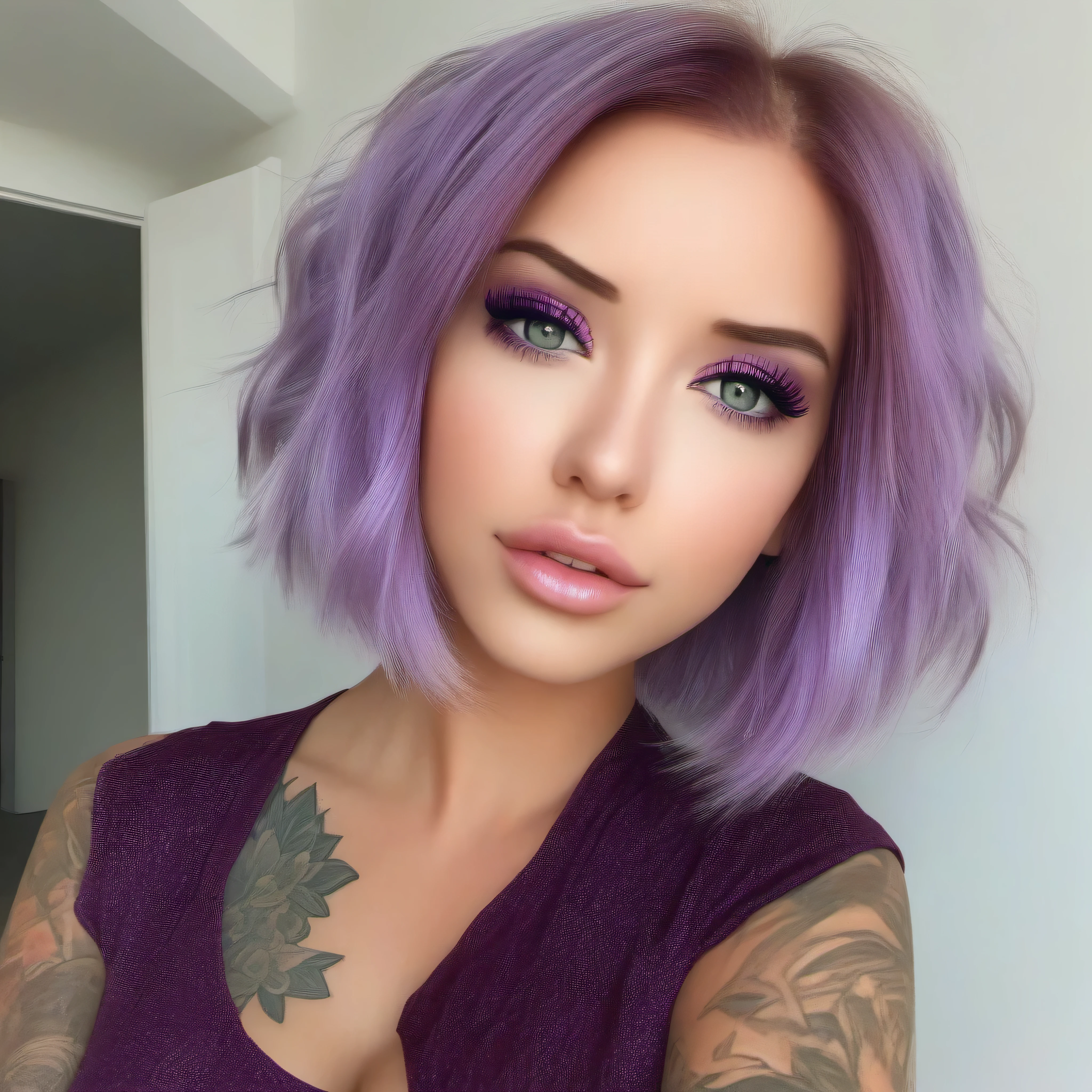 (32k) 16k, 8k, 4k, super fine face, small mouth, lip biting makeup, effeminate, purple hair, purple eyes, high resolution, perfect. Portrait.