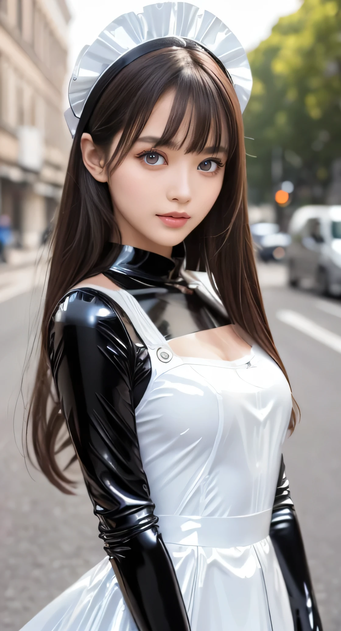 Angelic very beautiful cute young girl,
Beautiful detailed eyes,
Detailed double eyelids,
(Soft Saturation: 1.3),
(Fair skin: 1.3),v-line jaw,
(Large eyes:1.4),
Long straight brown hair,
see-through bangs, student,
Sharp Focus,
beautiful detailed face and eyes,
drooping eyes,
small straight nose,
small mouth,
happy smiling with visible teeth, 85mm lens, F/8.0,BREAK (Super shiny white and black latex maid costume :1.3),Walking,Brown hair ,(Costumes with strong reflective surfaces:1.3),
(Best Quality:1.2),(Maid latex costume:1.5),
Raw photo,
High resolution,
perfect detail,
Professional Photography,
Professional Lighting,
Powerful lighting of the costume,In the street