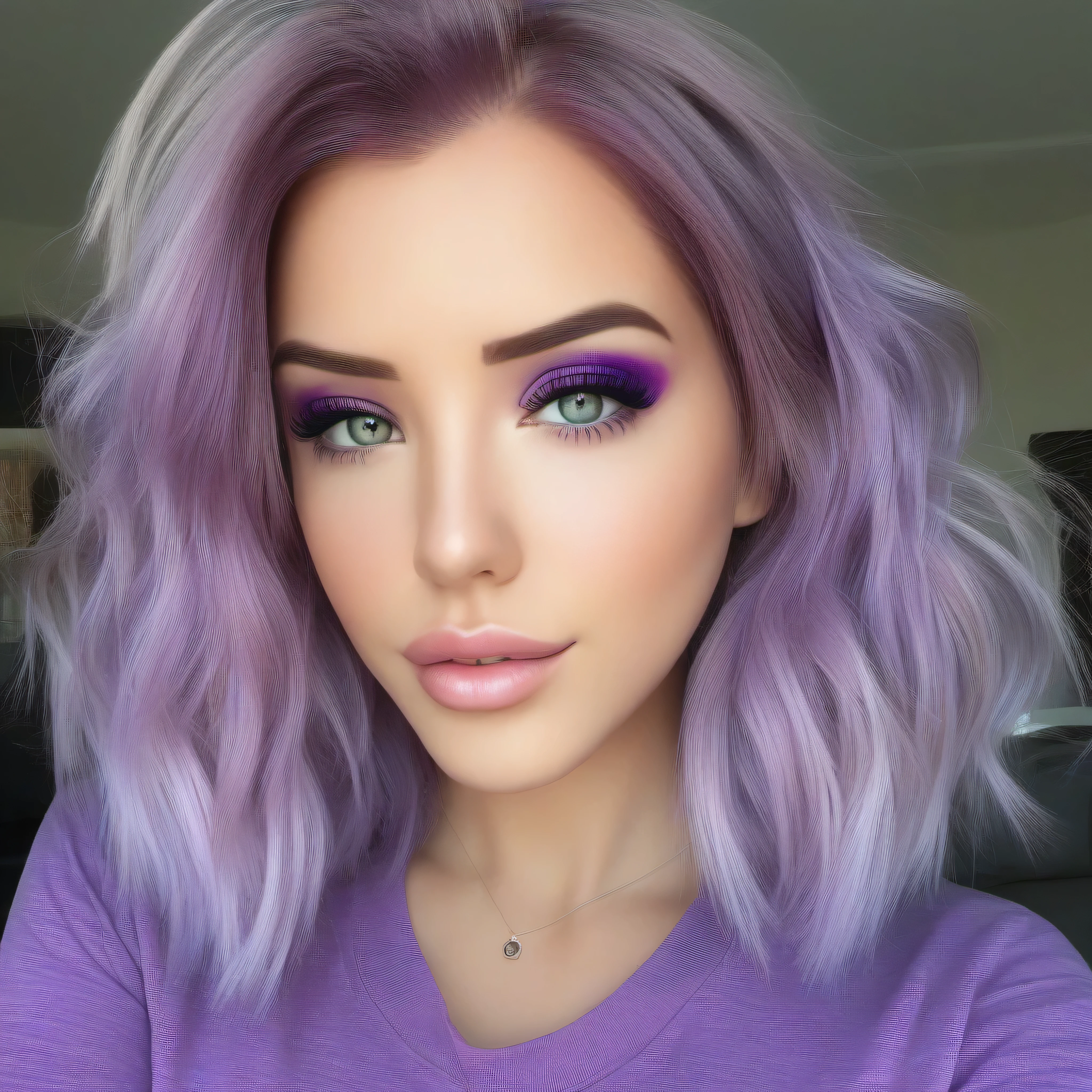 (32k) 16k, 8k, 4k, super fine face, small mouth, lip biting makeup, effeminate, purple hair, purple eyes, high resolution, perfect. Portrait.