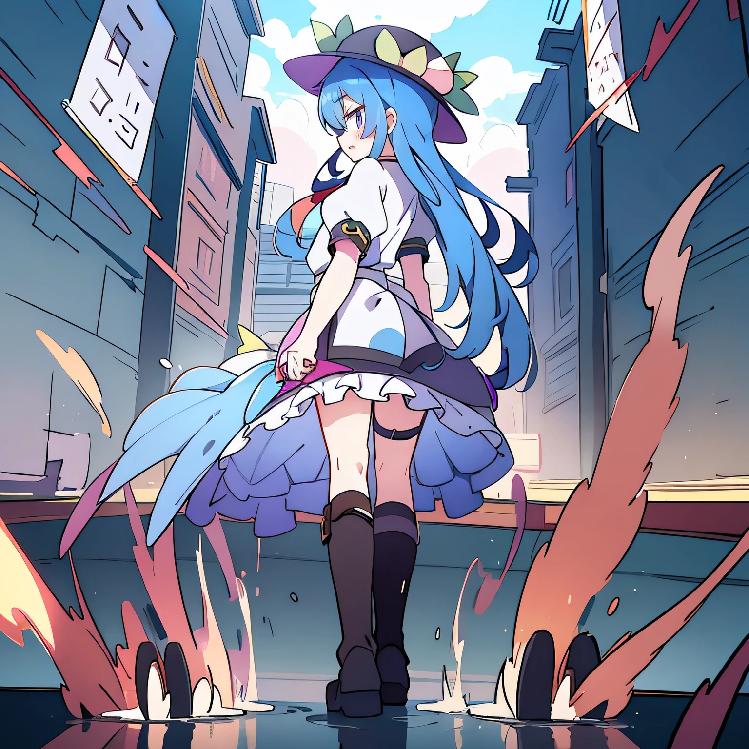 (masterpiece),best quality, expressive eyes, perfect face, 1girl,
 hands on waist,beautiful, gorgeous,anime,girl,lora,hinanawi tenshi, blue hair, blue haired, floating clothes,waist grab, grabbing waist, mains sur les hanches , hands on hips,flat 