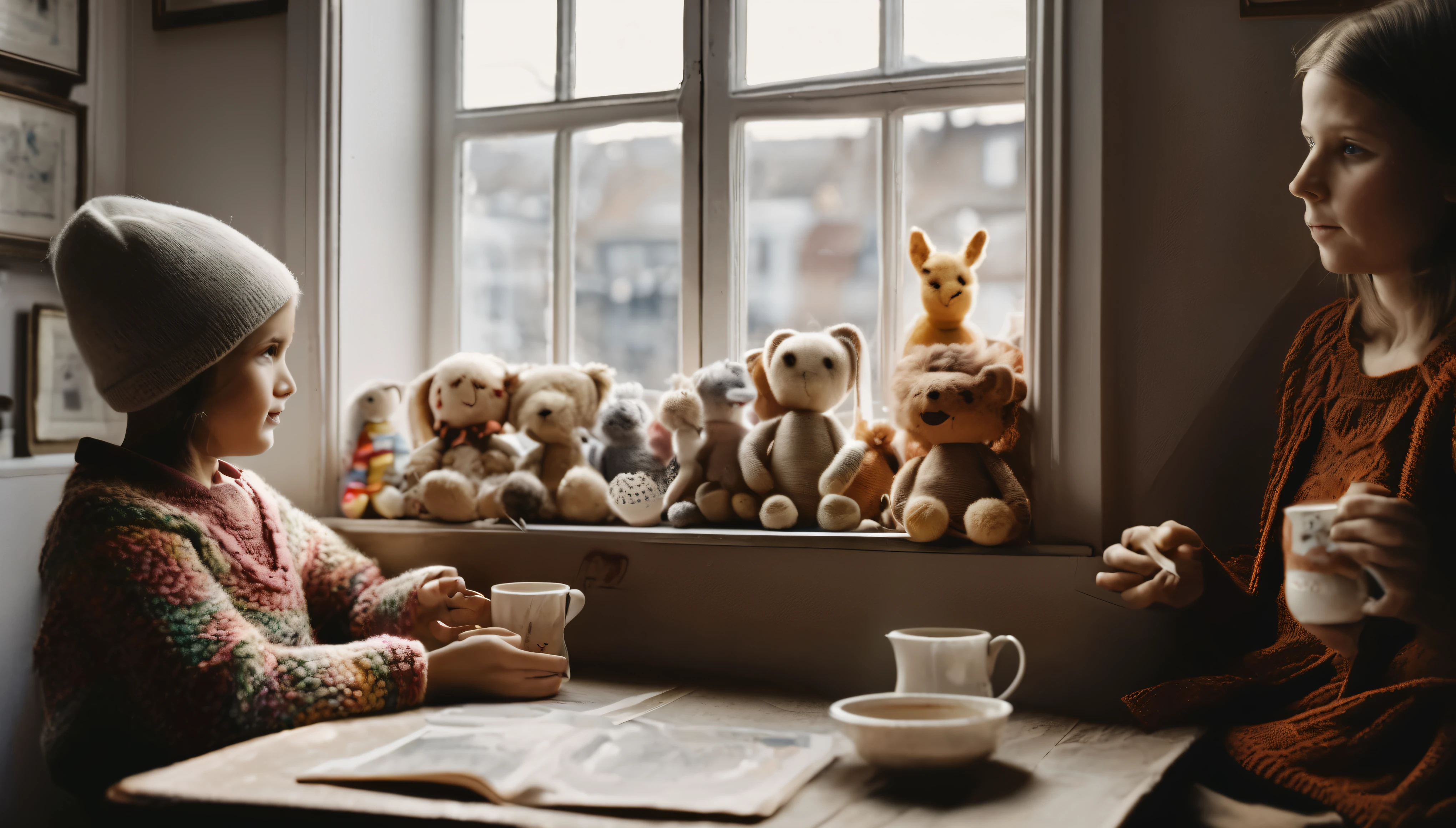 cinematic photo style by Henri Cartier-Bresson, 1 girl, 14 years old, crochetes knitted toys while sitting in a chair, a 50-year-old woman sits with her, smiling., Group portrait, against the background of a white wall of children's drawings and a window, on a wooden table there is one white mug full of tea, books, film, bokeh, professional, 4k, highly detailed,
