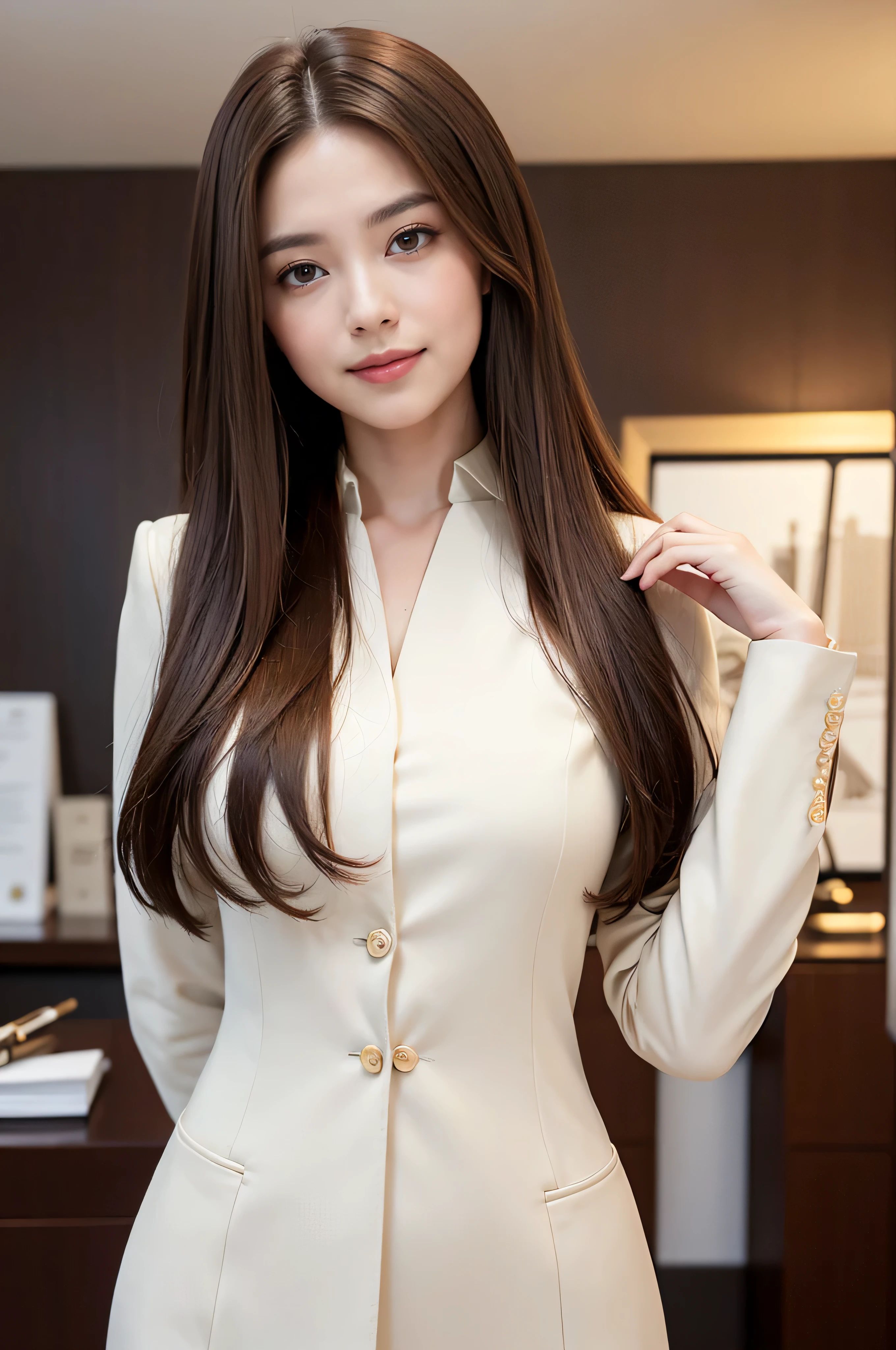 highest quality, masterpiece, 8K, ultra high resolution, (realistic: 1.4), 1 girl, beautiful face, symmetrical eyes, big, perfect body proportions, ((long hair))、((brown hair)), secretary、(luxury business suits)、the gaze of the beholder, (president'office、blurred background), Front view, Absolute area (1.3),friendly smile、seems kind、cowboy shot