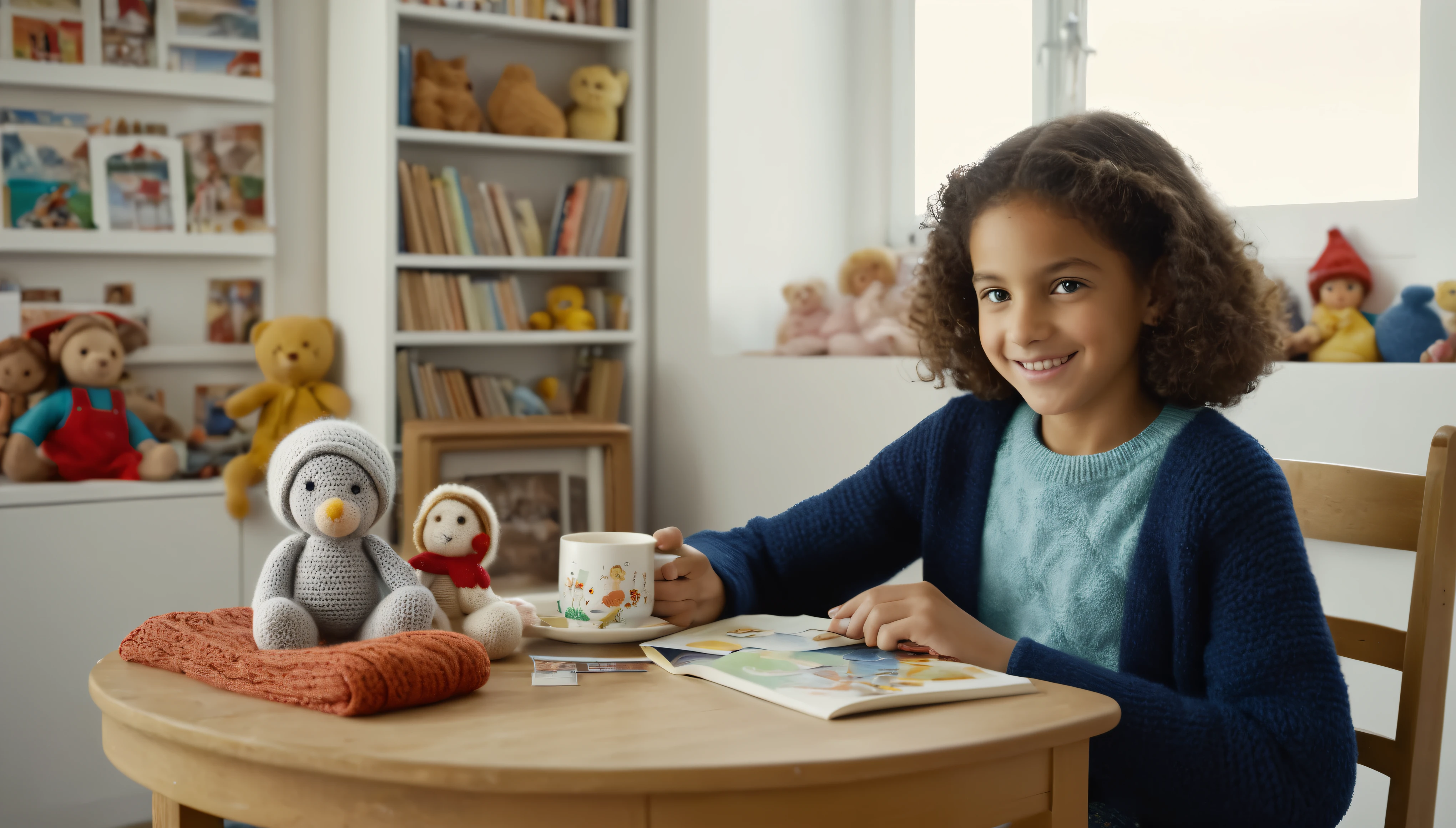 cinematic photo style by Henri Cartier-Bresson, 1 girl, 14 years old, crochetes knitted toys while sitting in a chair, a 50-year-old woman sits with her, smiling., Group portrait, against the background of a white wall of children&#39;s drawings and a window, on a wooden table there is one white mug full of tea, books, film, bokeh, professional, 4k, highly detailed,