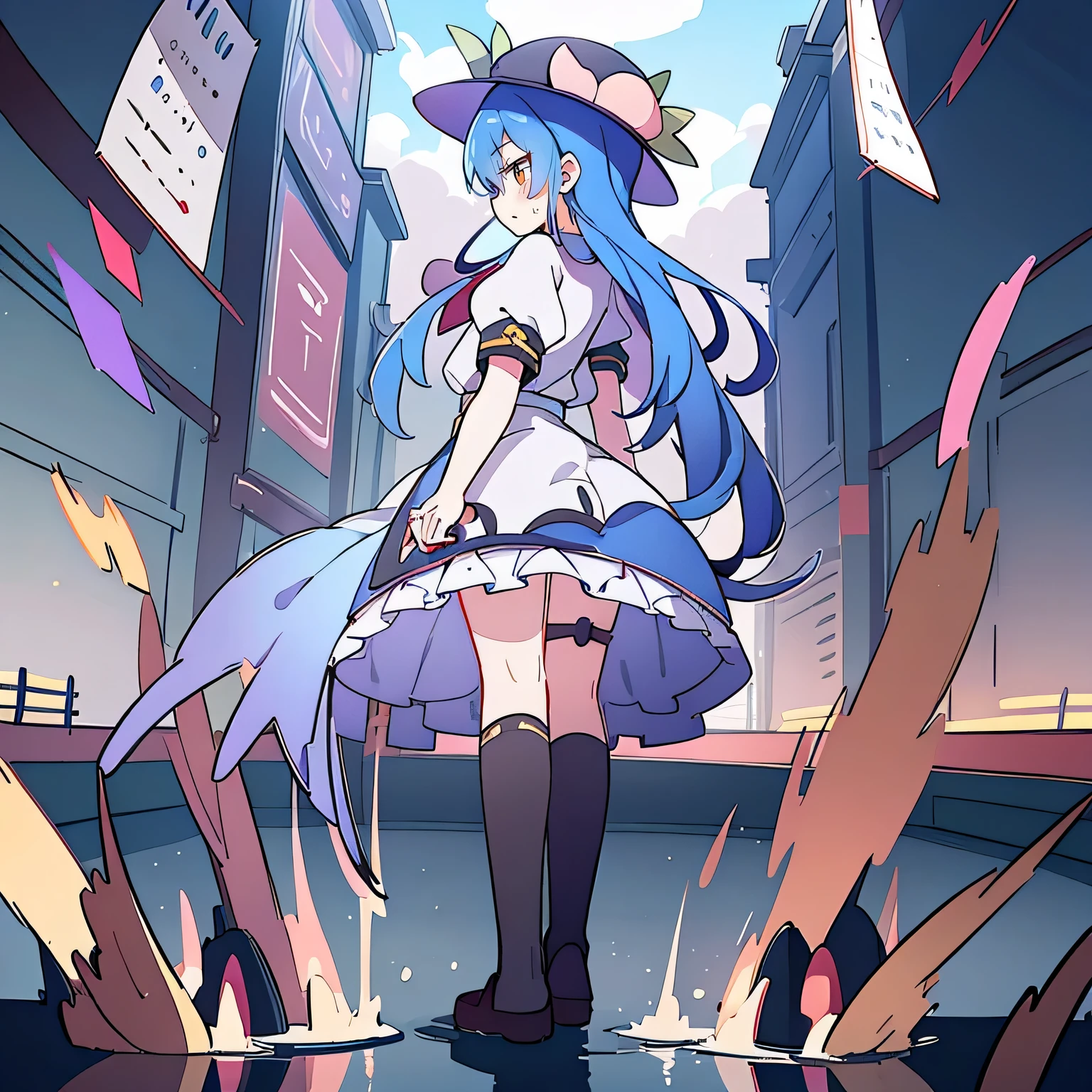 (masterpiece),best quality, expressive eyes, perfect face, 1girl,
 hands on waist,beautiful, gorgeous,anime,girl,lora,hinanawi tenshi, blue hair, blue haired, floating clothes,waist grab, grabbing waist, mains sur les hanches , hands on hips,flat chest