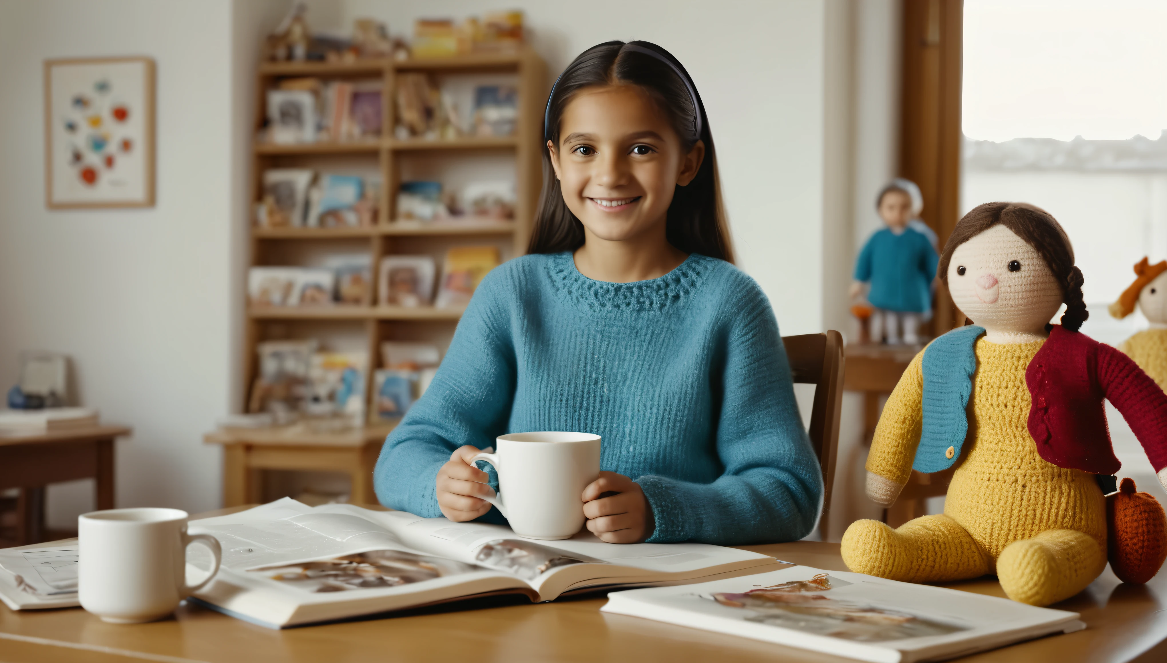cinematic photo style by Henri Cartier-Bresson, 1 girl, , crochetes knitted toys while sitting in a chair, a 50-year-old woman sits with her, smiling., Group portrait, against the background of a white wall of children's drawings and a window, on a wooden table there is one white mug full of tea, books, film, bokeh, professional, 4k, highly detailed,