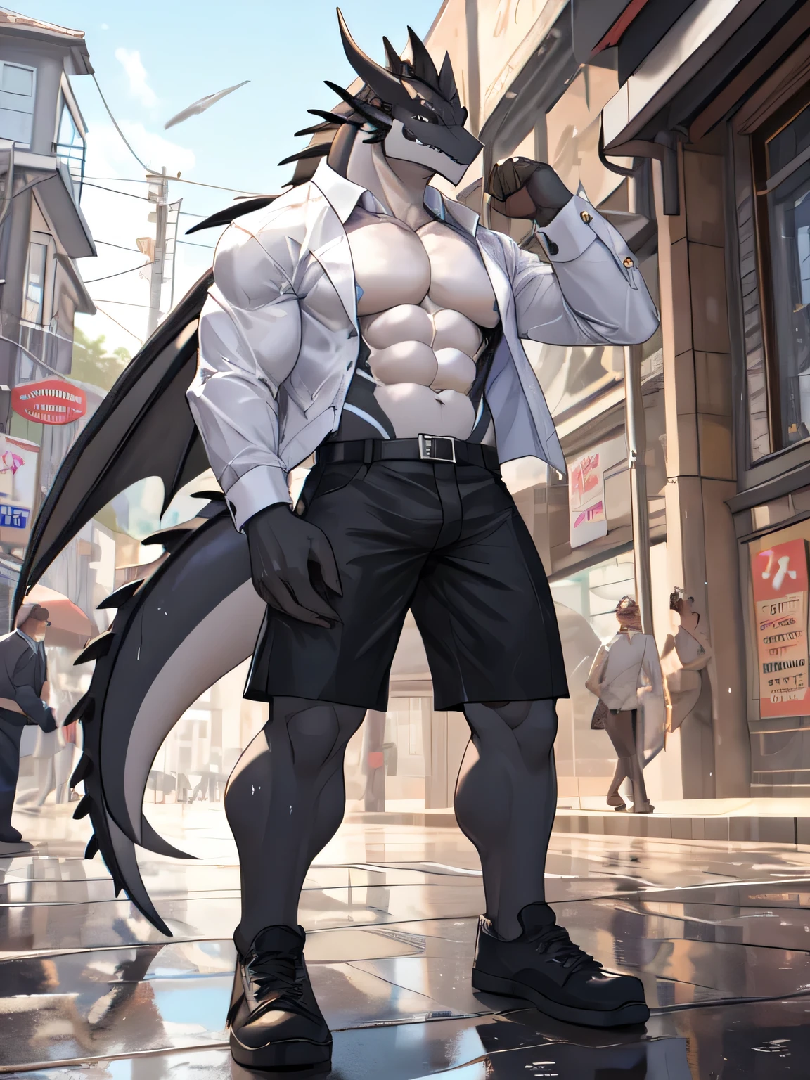 masterpiece, anthropomorphic black dragon ,black nice, Shorts only,social person Gari macho good looking lower leg pants wet in the rain White suit dress shirt Show off your abs