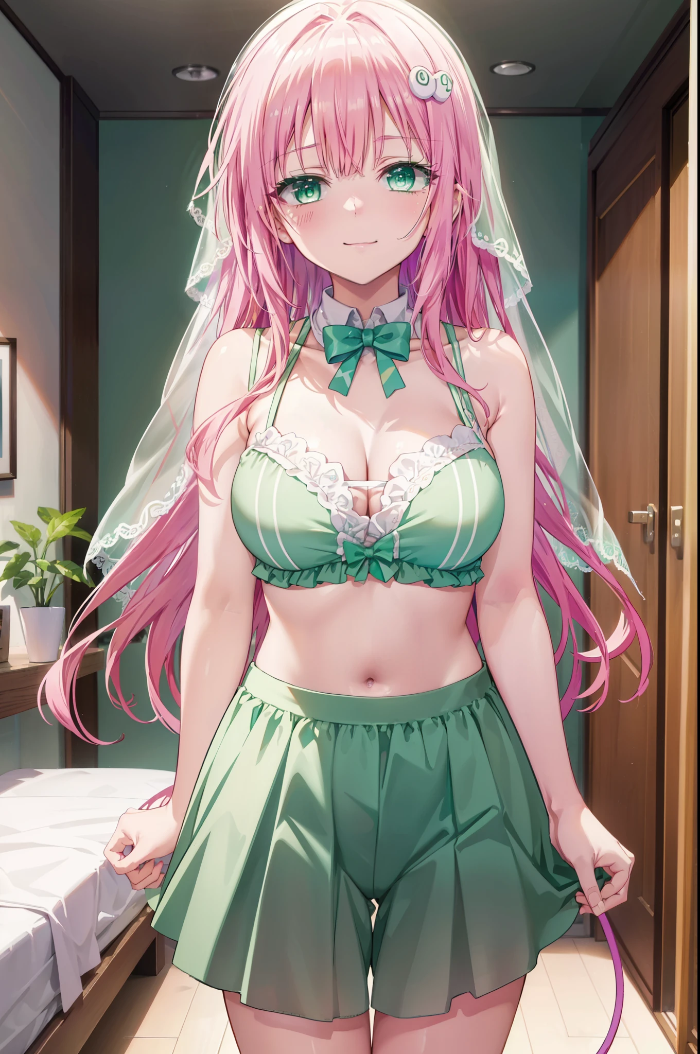 Lara Deviluke, Lara Deviluke, long hair, pink hair, tail, Ahoge, bangs, hair ornaments, (green eyes:1.5), smile,break demon tail, veil,yellow bra,yellow string underwear,One bouquet with a happy smile, smile, open your mouth, Are standing,
From above,Crouching on the bed held in hand,
break indoors, Bedroom,
break looking at viewer, (cowboy shot:1.5),
break (masterpiece:1.2), highest quality, High resolution, unity 8k wallpaper, (figure:0.8), (beautiful detailed eyes:1.6), extremely detailed face, perfect lighting, extremely detailed CG, (perfect hands, perfect anatomy),